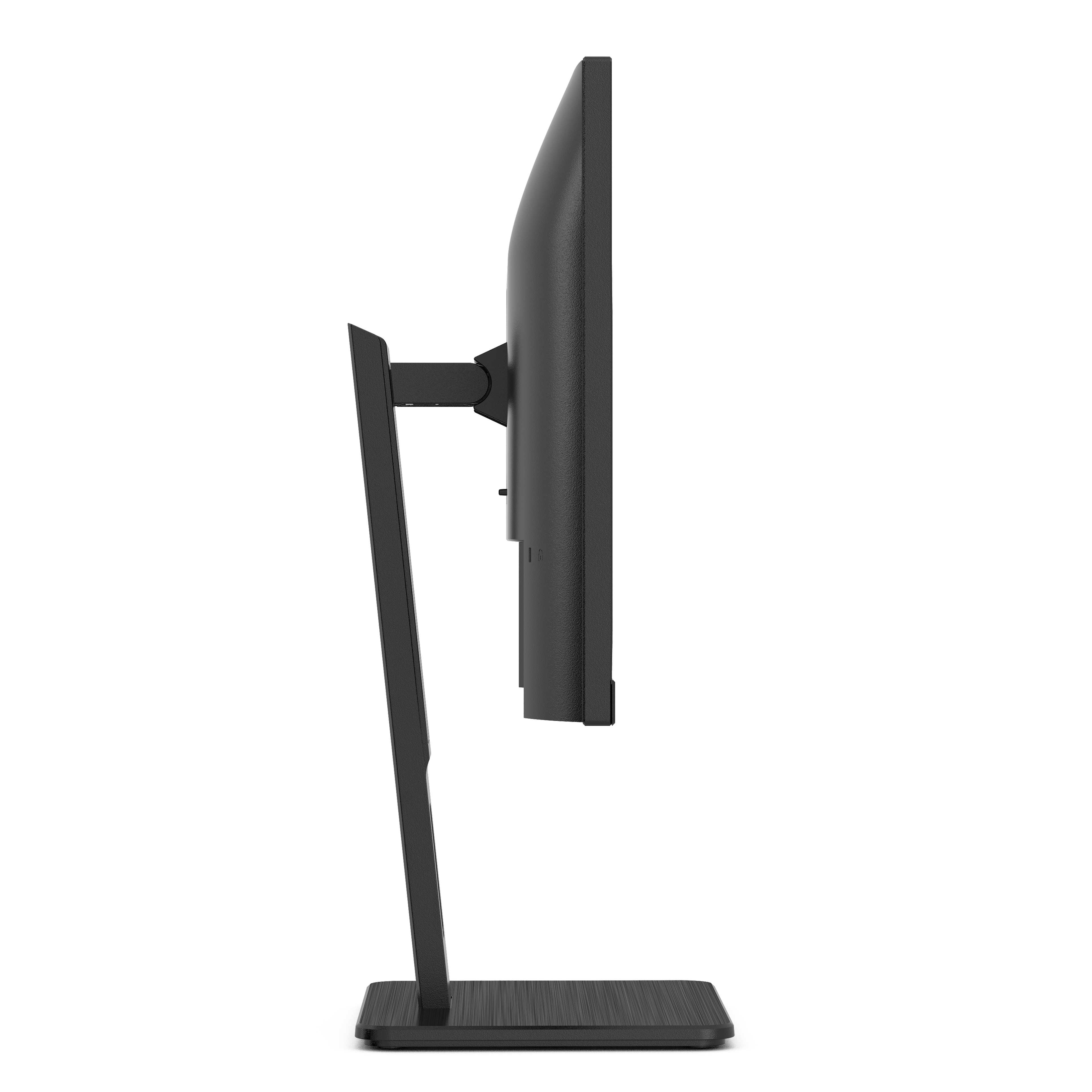 Czarny monitor komputera, widok z boku, ze stojakiem i regulowanym ramieniem.