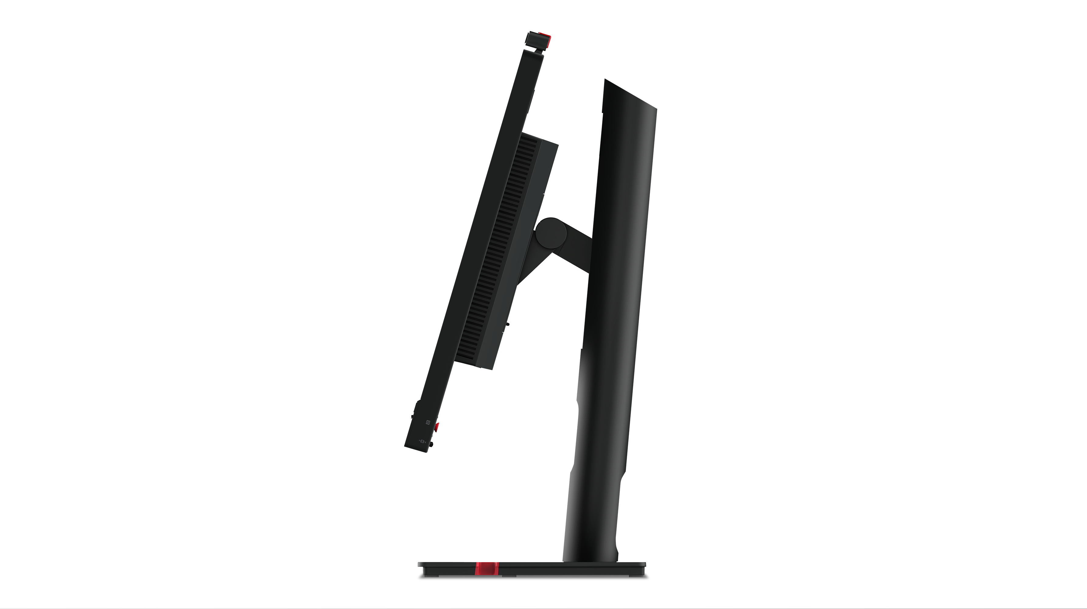 Czarny monitor z profilu. Ekran pochylony do tyłu. Czerwone akcenty na podstawie.