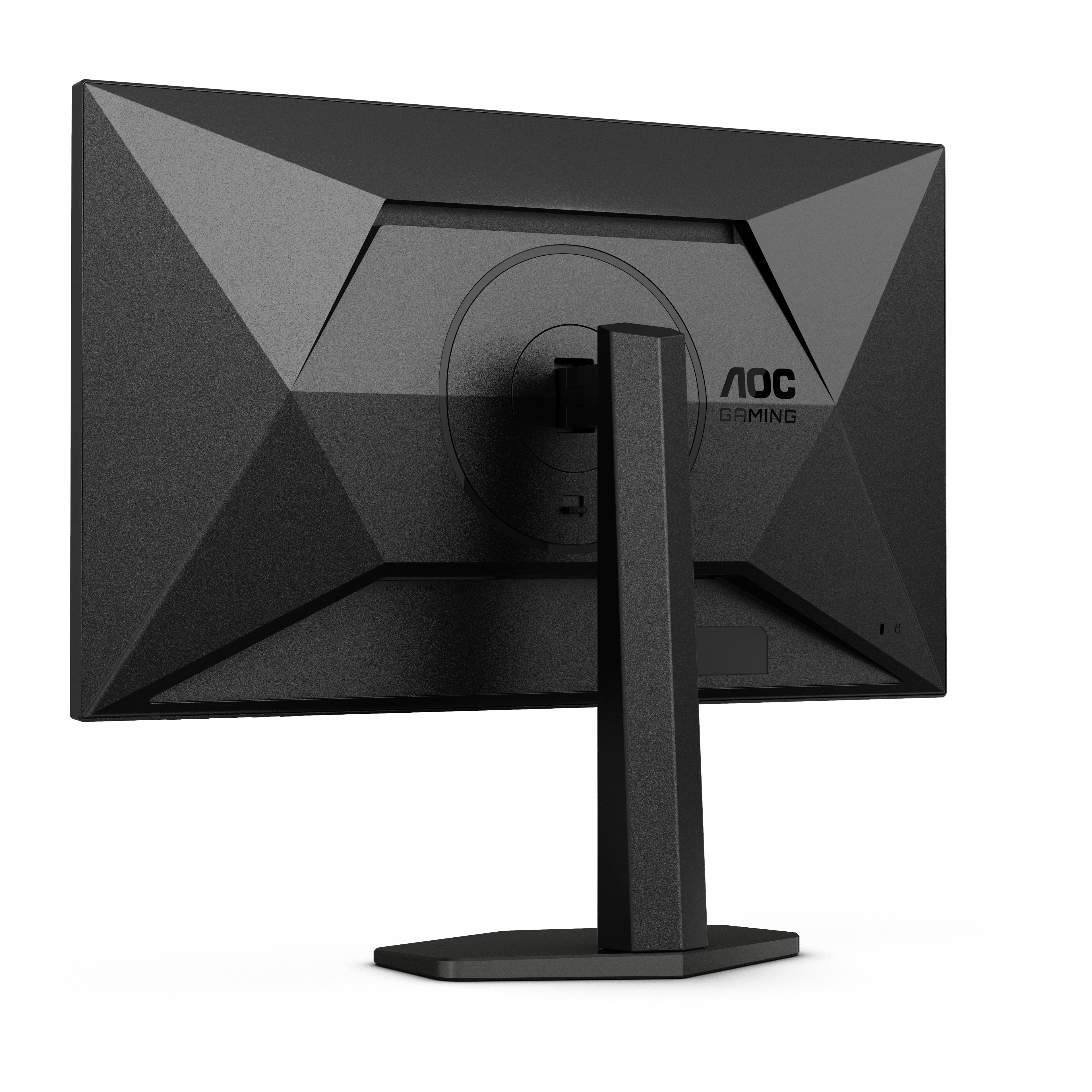 Czarny monitor komputera, widok z tyłu. Jest na podstawce, pokazując logo AOC Gaming.