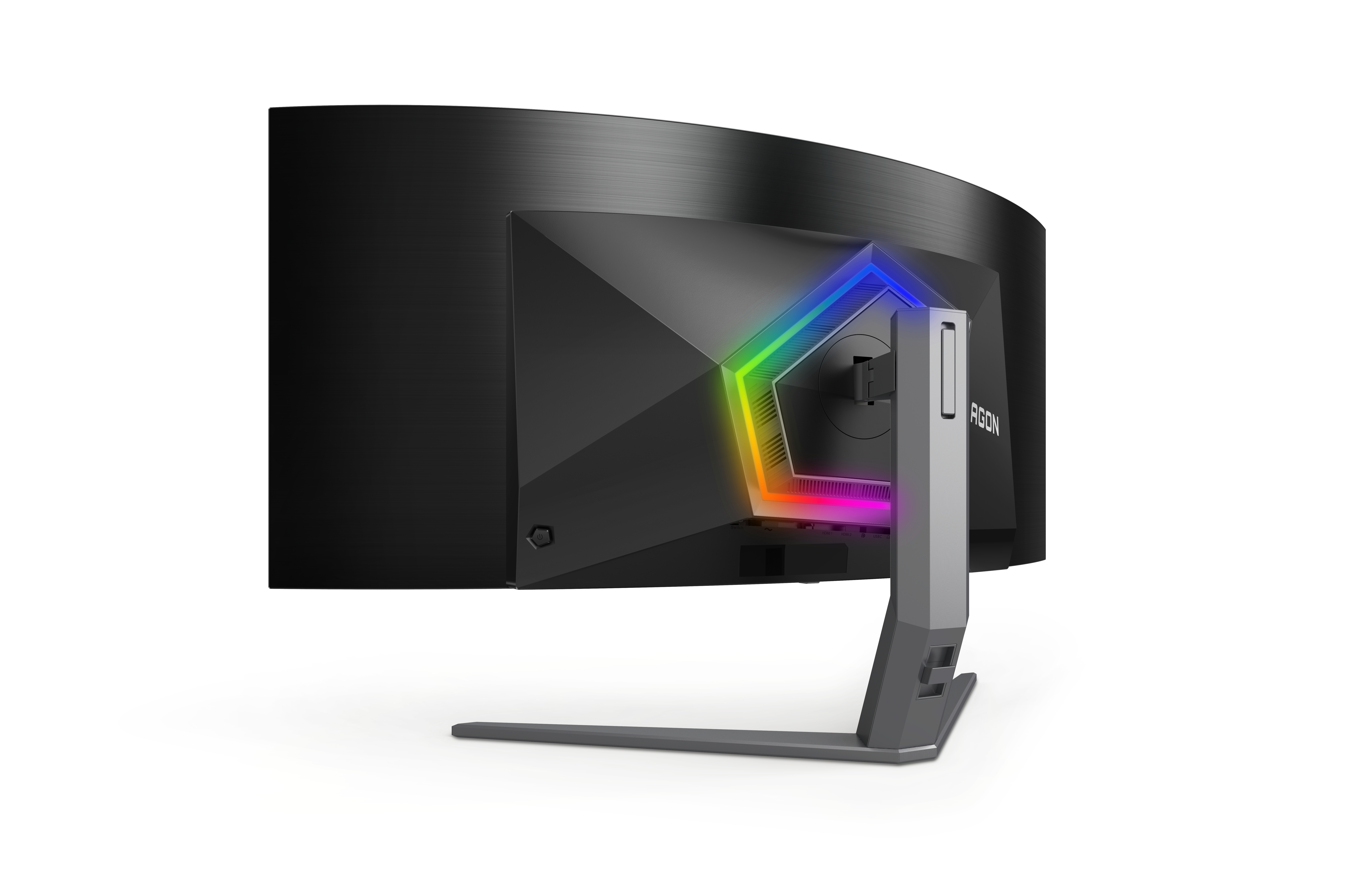 Widok z tyłu zakrzywionego monitora z kolorowymi światłami wokół podstawy i pięciokątem.