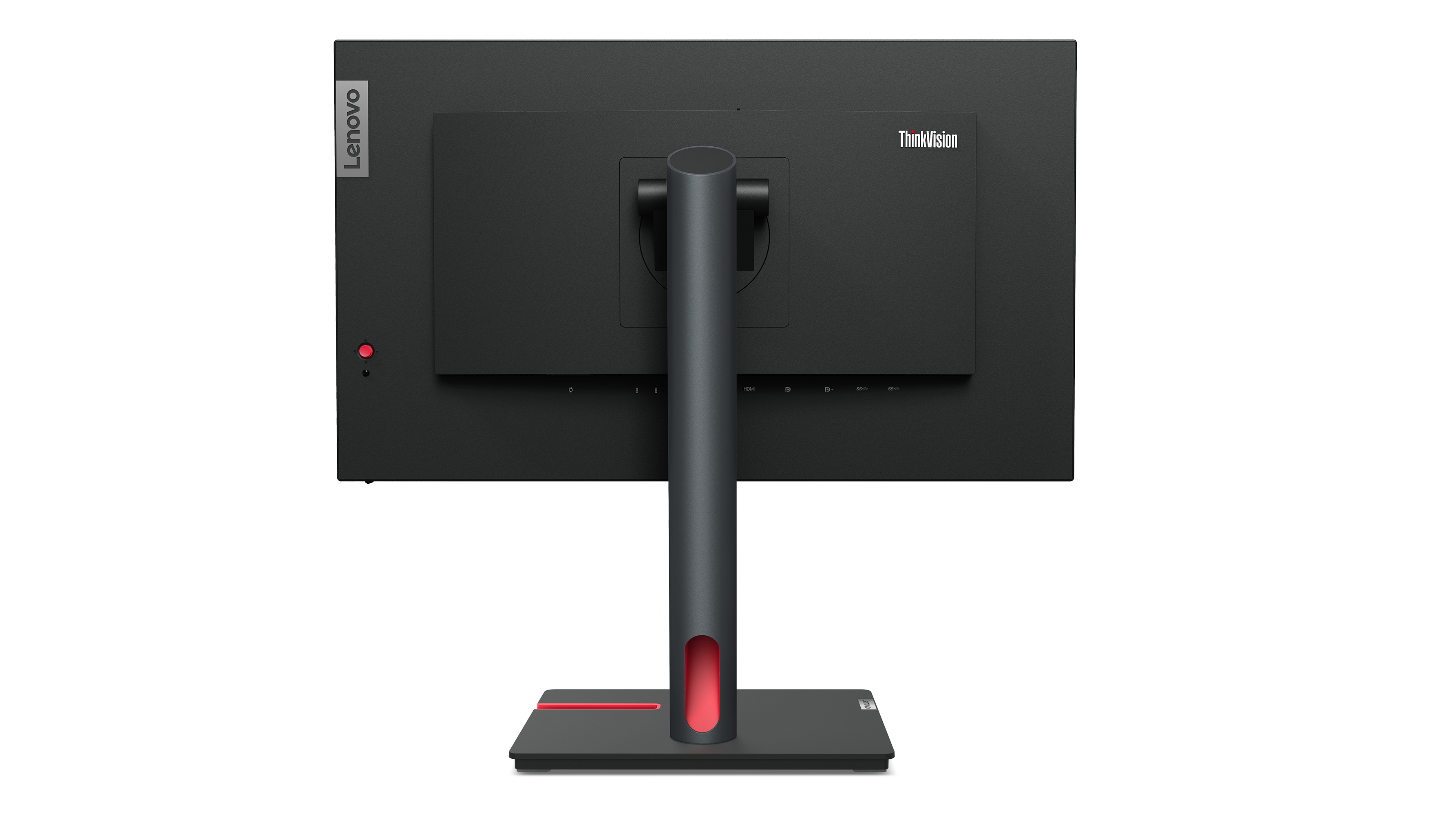 La vue arrière d'un moniteur noir avec un support et un accent rouge. Le logo Lenovo ThinkVision est visible.