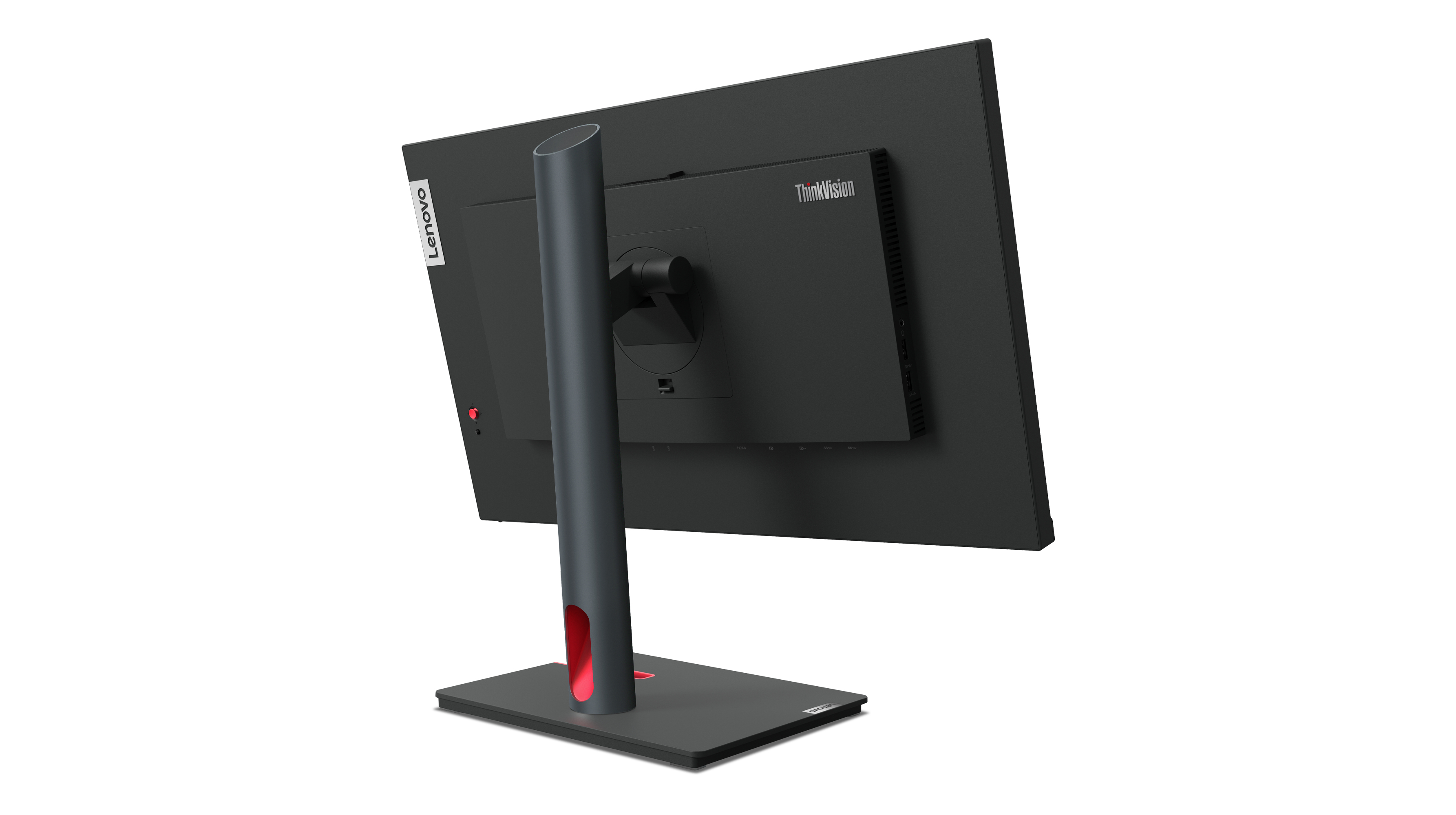 Un moniteur vu de dos, montrant le support et la marque Lenovo. Le support a un accent rouge.