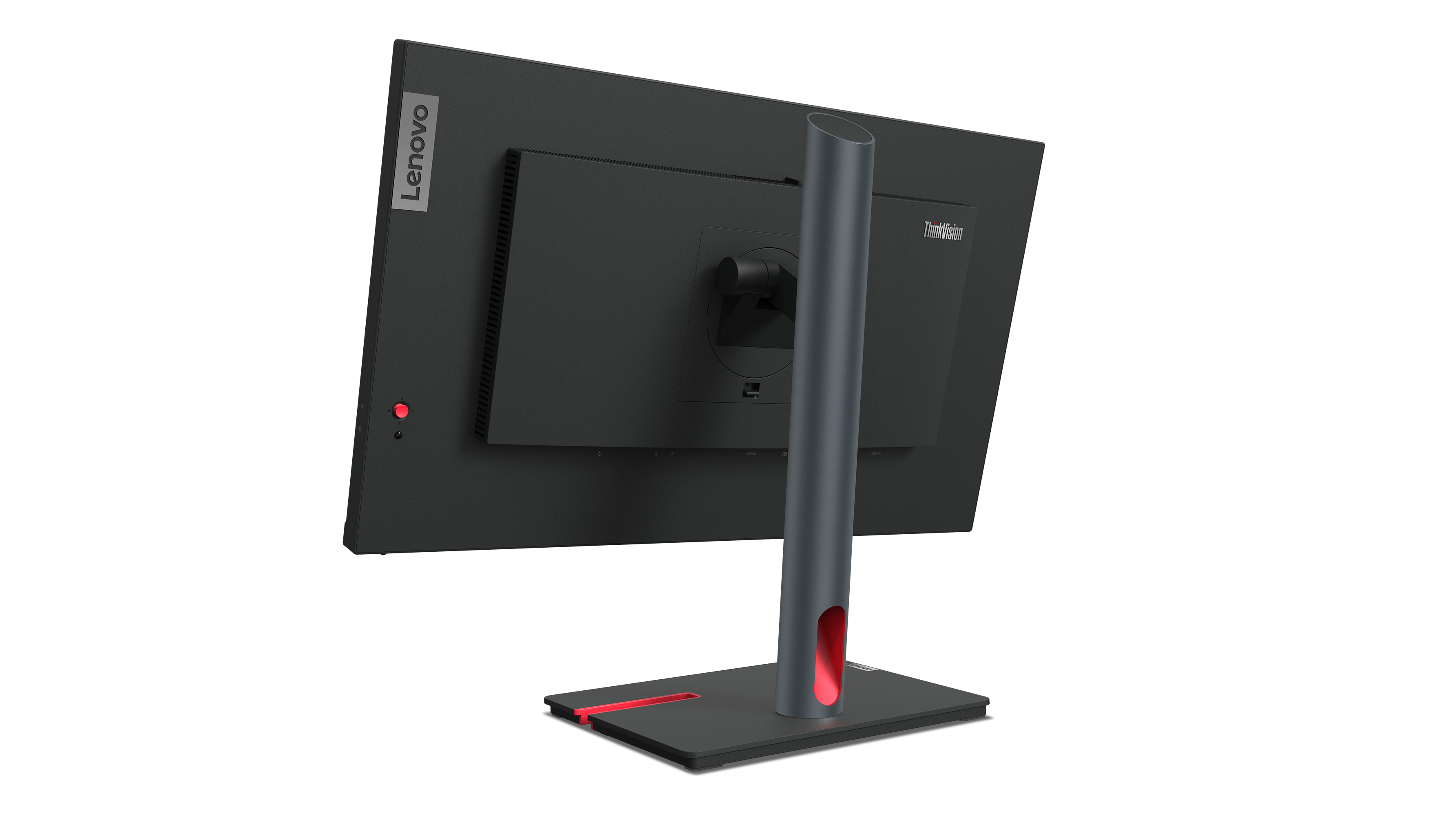 Arrière d'un moniteur d'ordinateur noir sur fond blanc. Socle rouge.