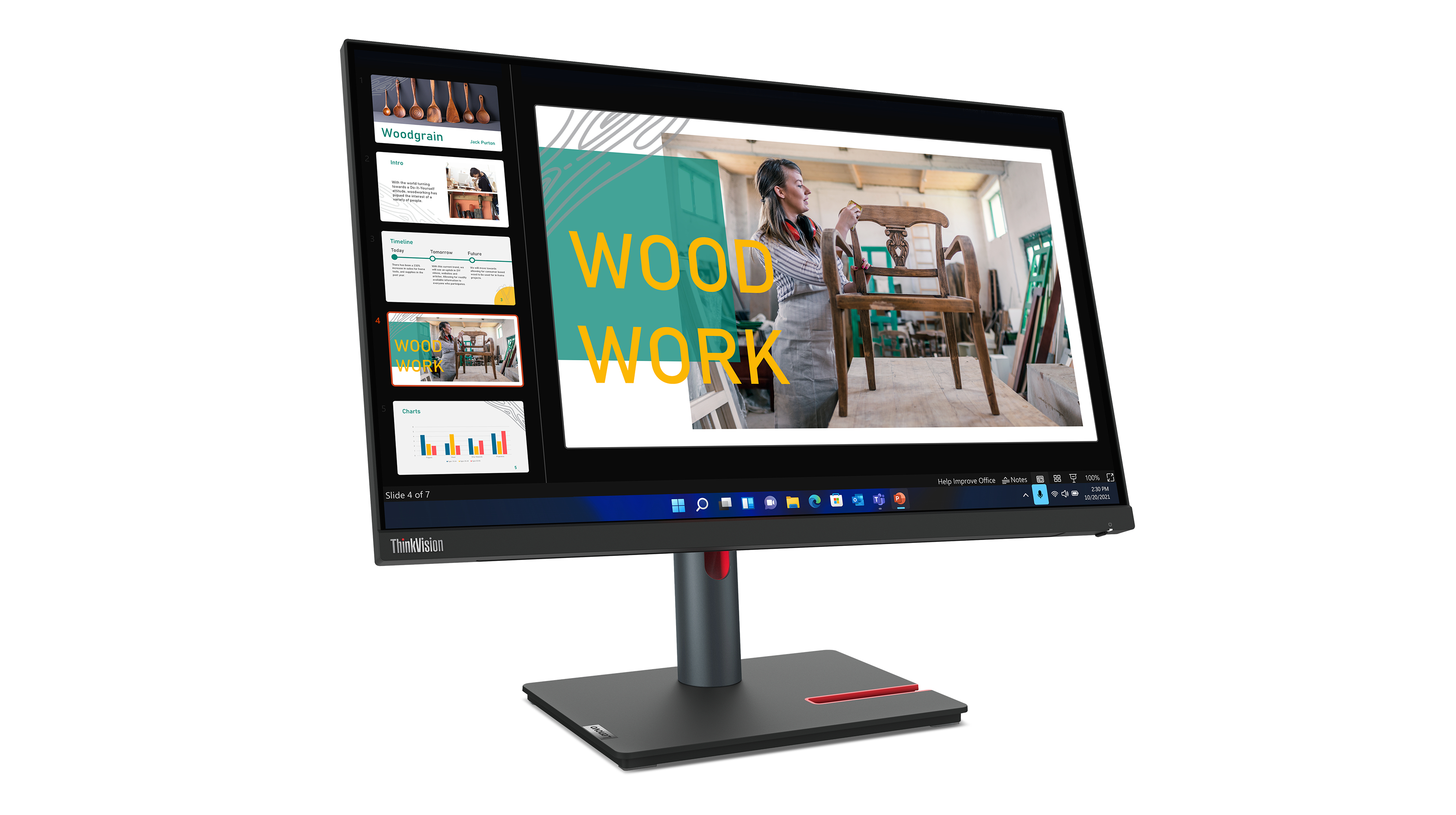 Moniteur affichant des diapositives de présentation, avec base rouge et fond blanc.