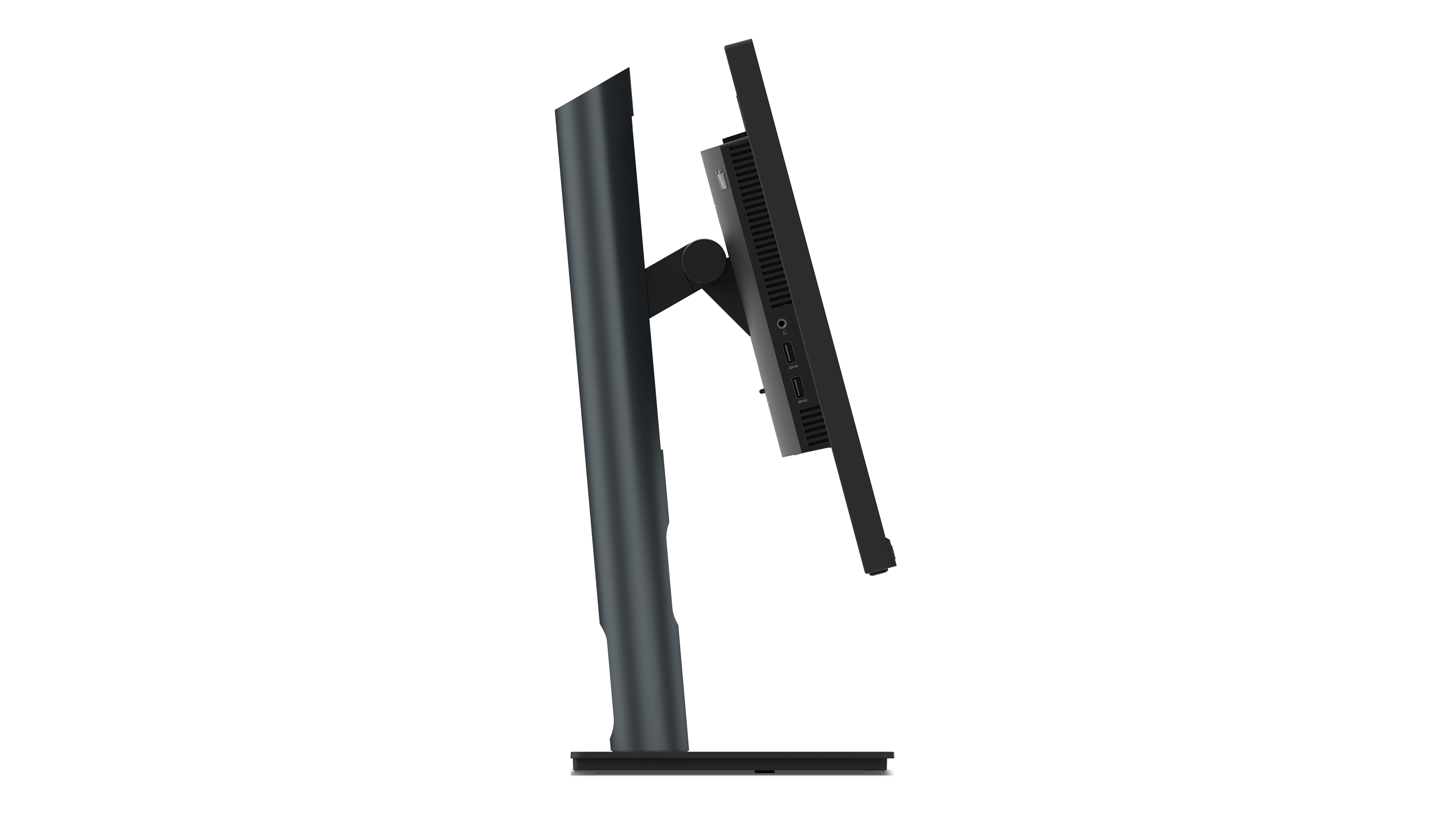 Un moniteur d'ordinateur, vue latérale, avec un support sombre et un écran noir.