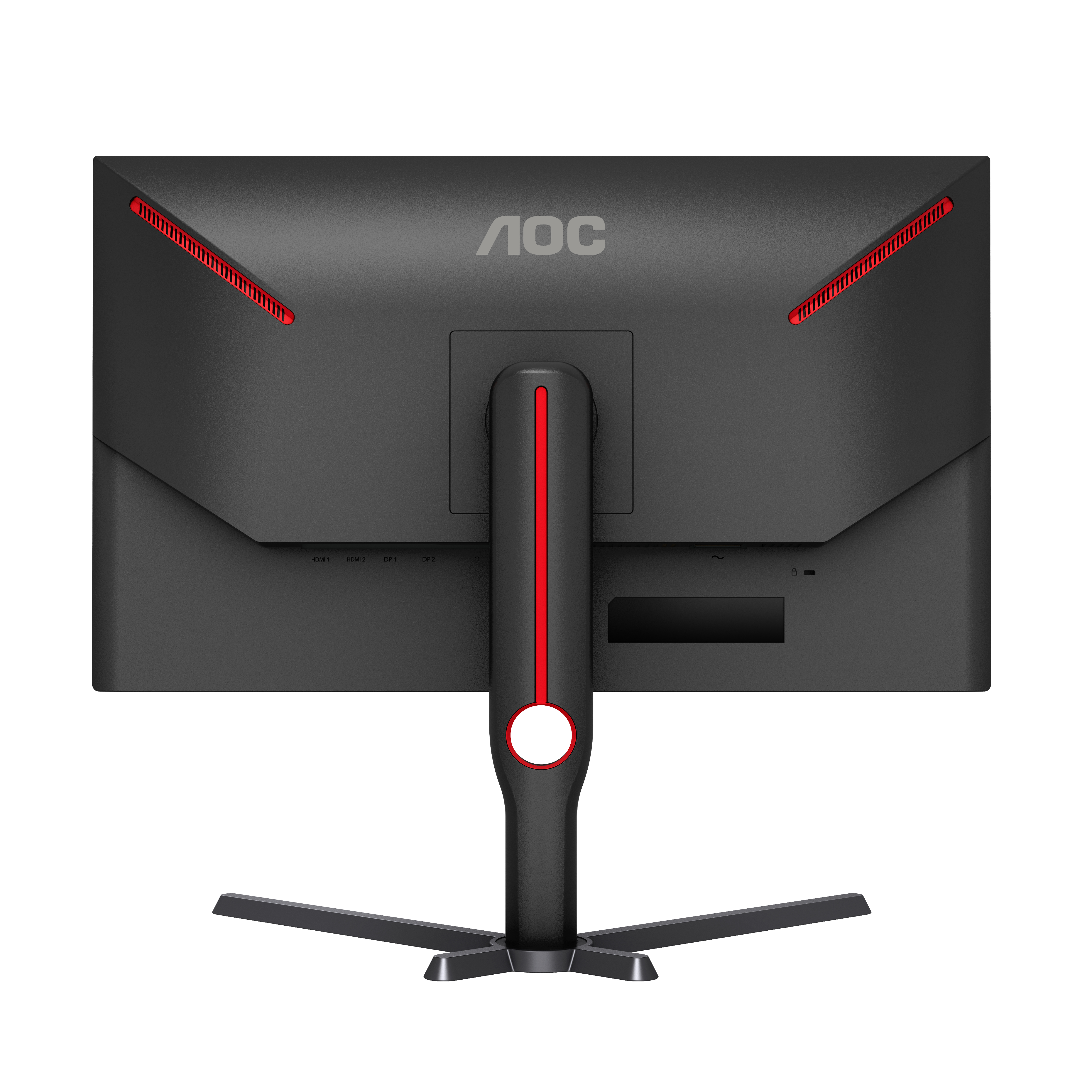 Il retro di un monitor AOC nero con dettagli rossi.