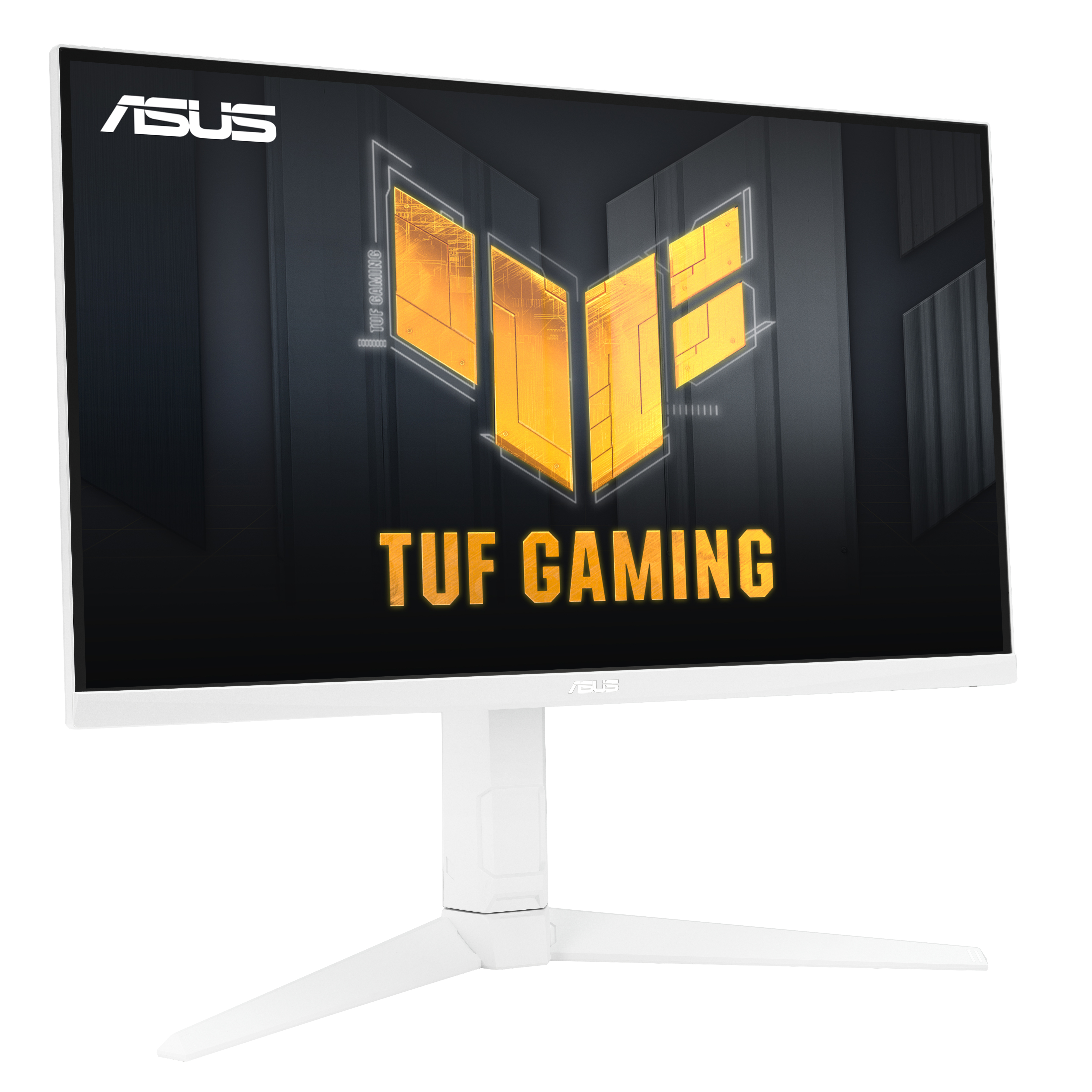 Biały monitor ASUS TUF Gaming z grafiką z gry, z białym stojakiem i podstawą.