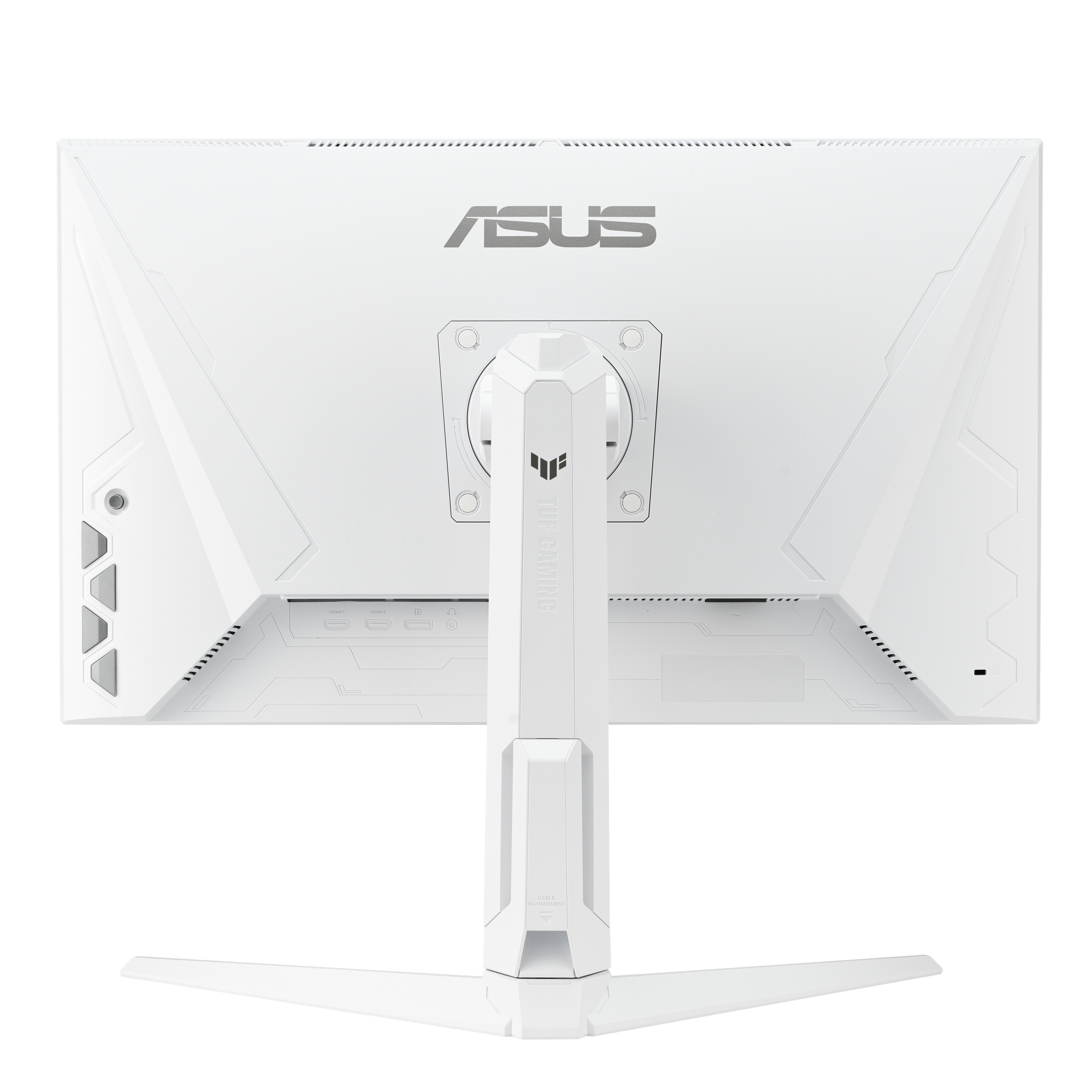 Widok z tyłu białego monitora ASUS z podstawką. Widoczne logo i szczegóły.