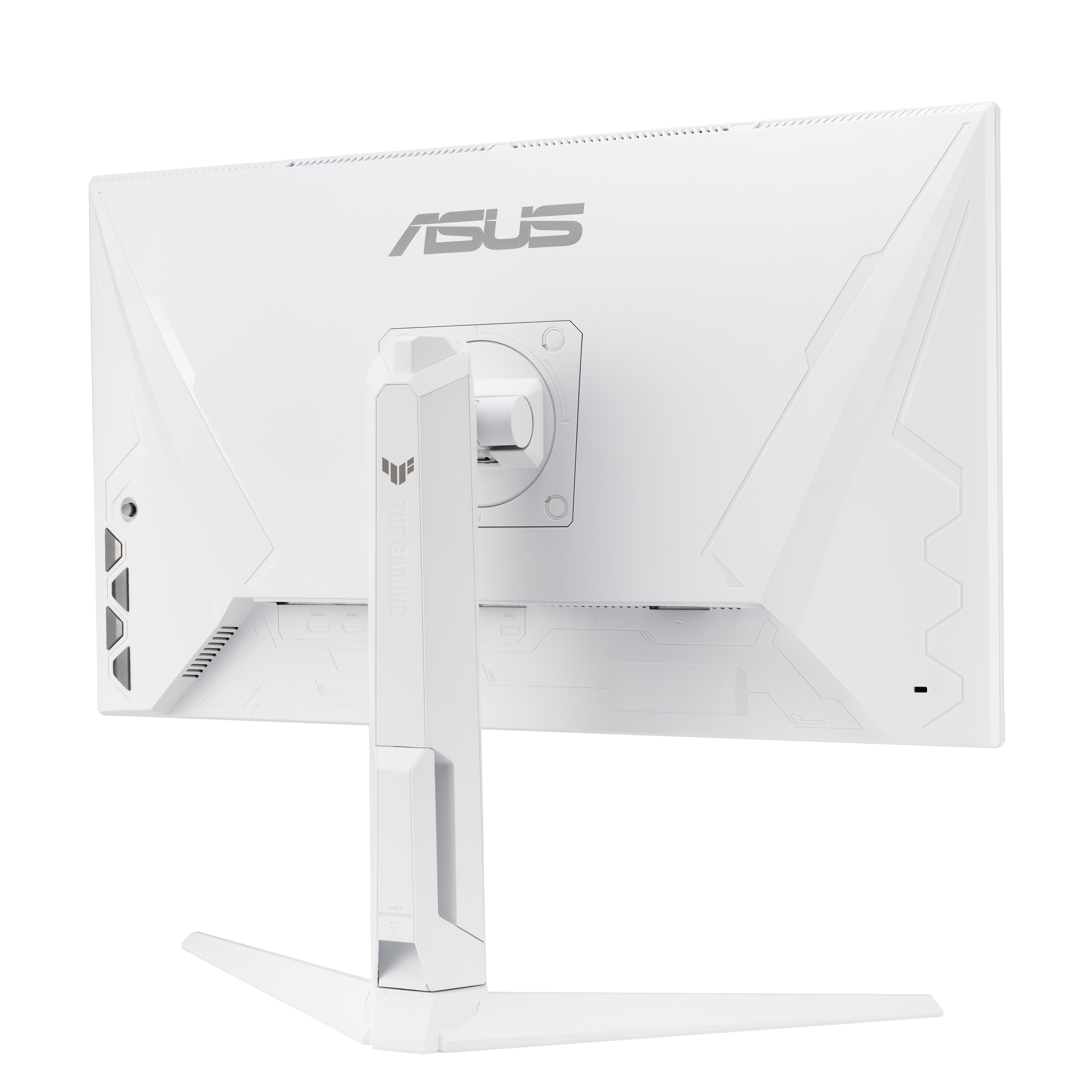 Widok z tyłu białego monitora ASUS z podstawką. Tył ma elementy konstrukcyjne i logo ASUS.