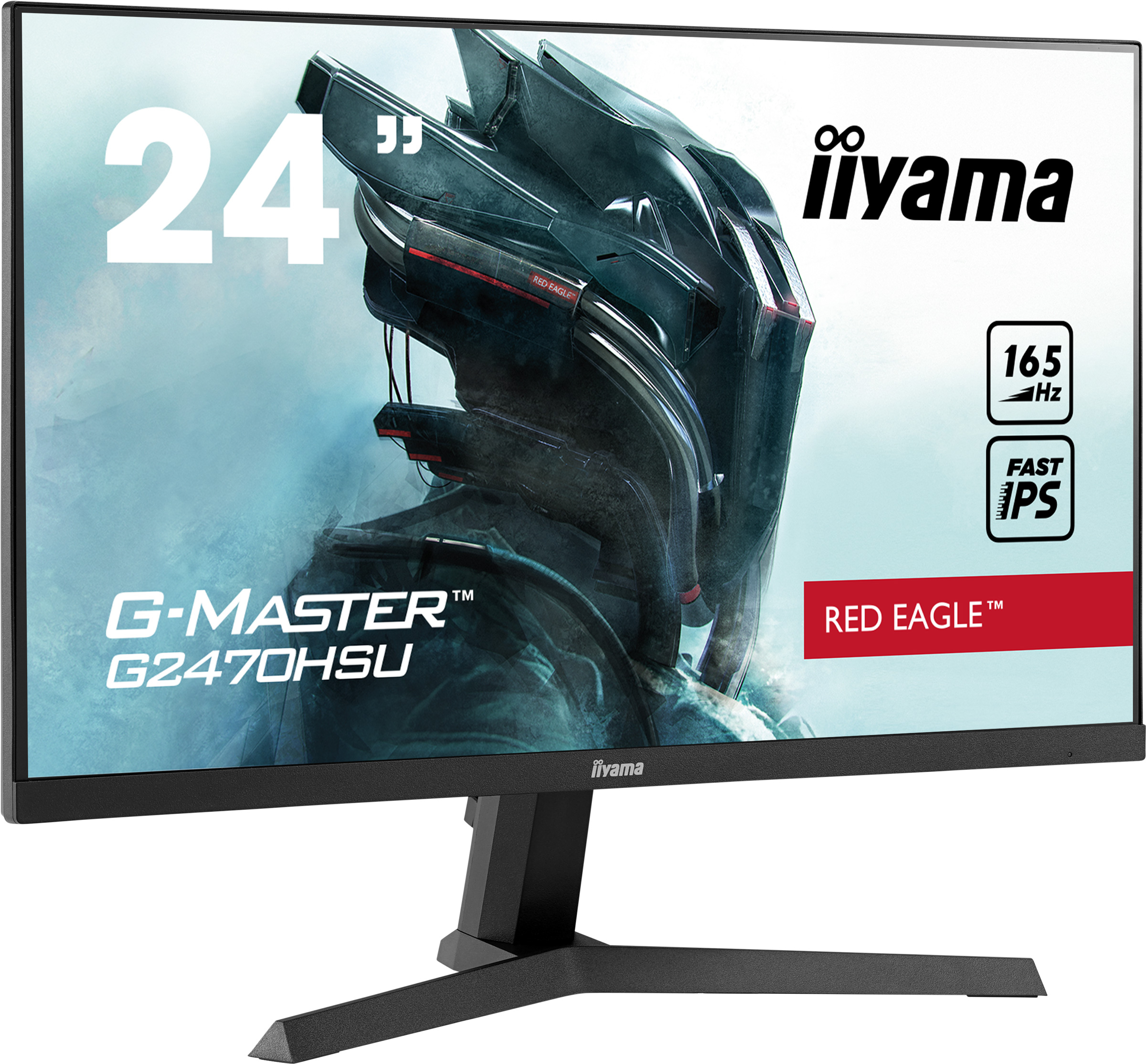 Iiyama-Monitor mit Text und Bild eines Roboters. Schwarzer Rahmen, rote Akzente und ein schwarzer Ständer.