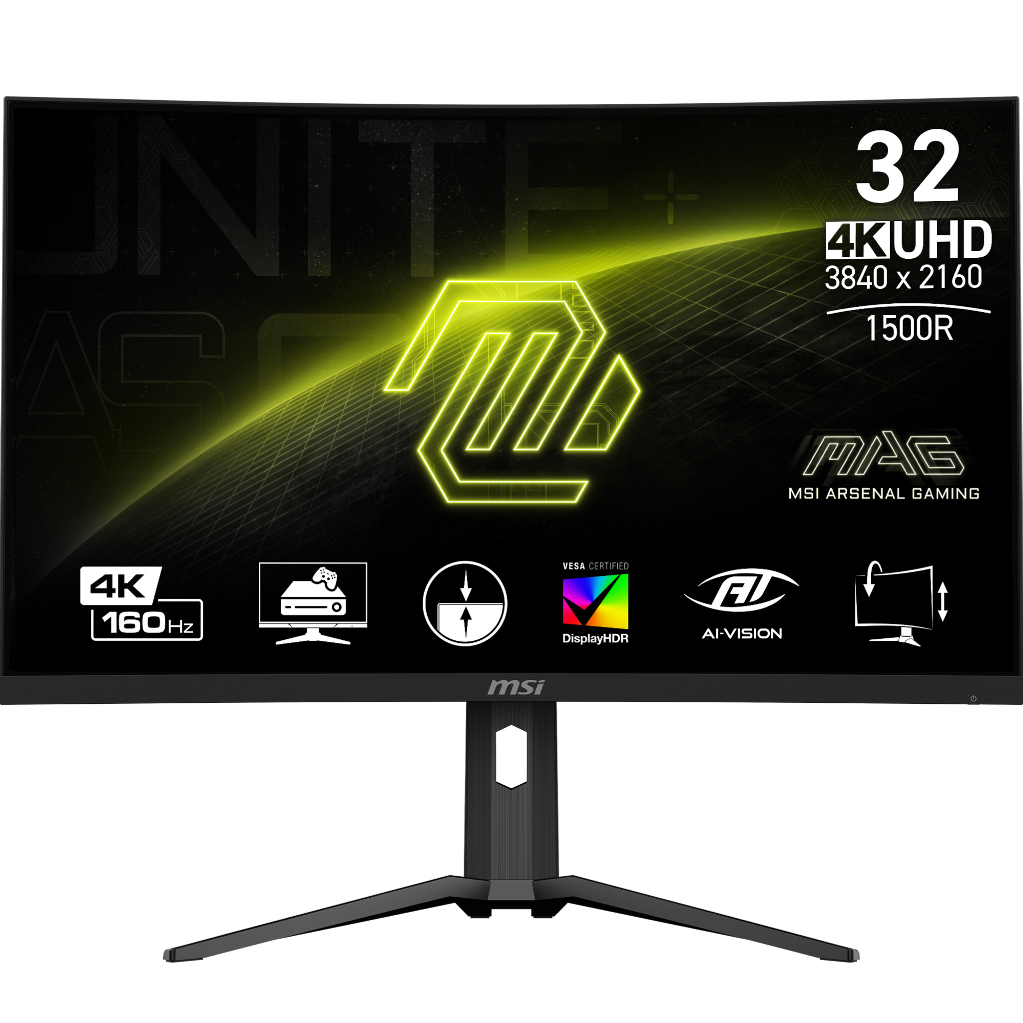 Un monitor da gioco MSI curvo con supporto nero, che mostra un logo verde neon.