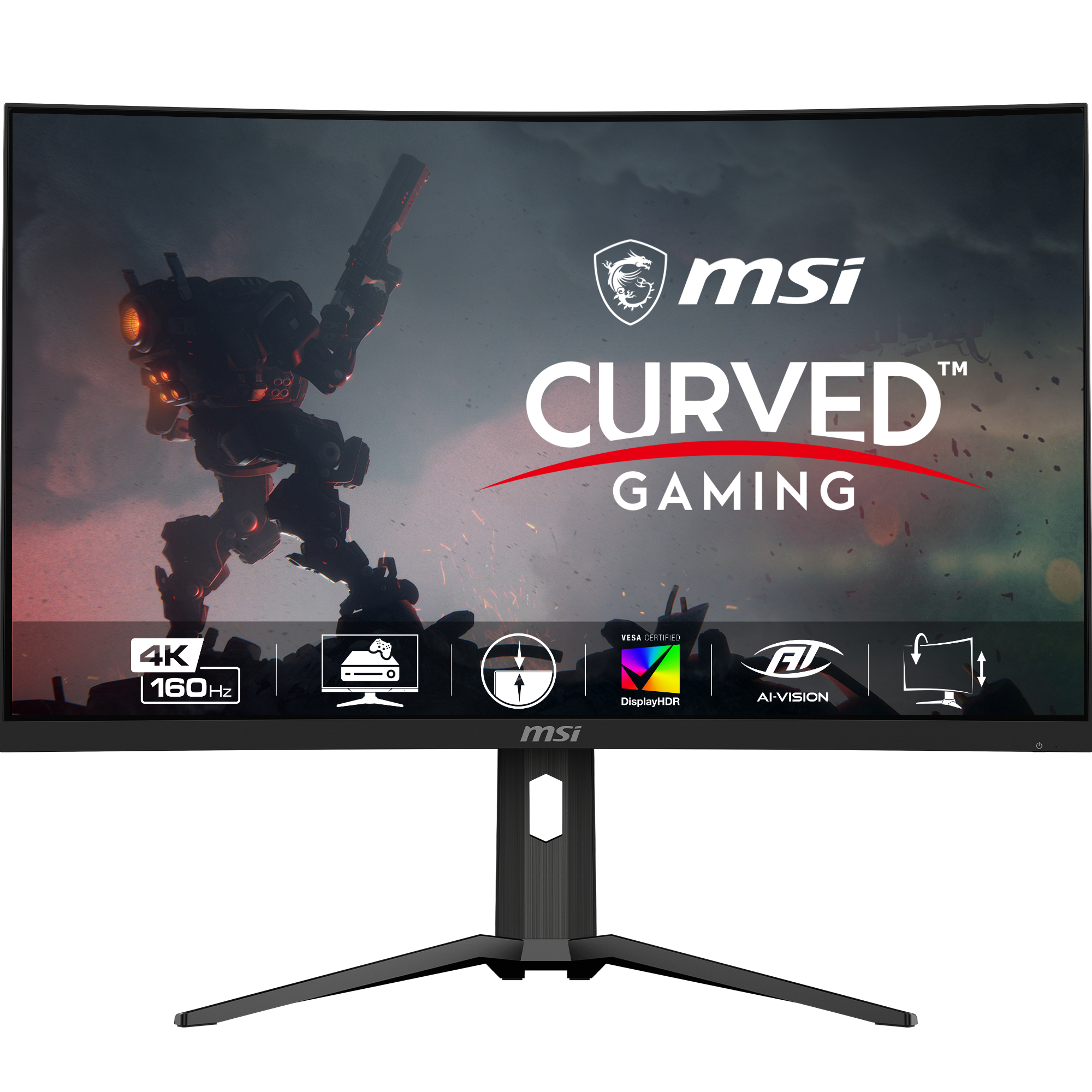 Monitor curvo MSI gaming con scena di gioco. Lo schermo ha un logo rosso e bianco.