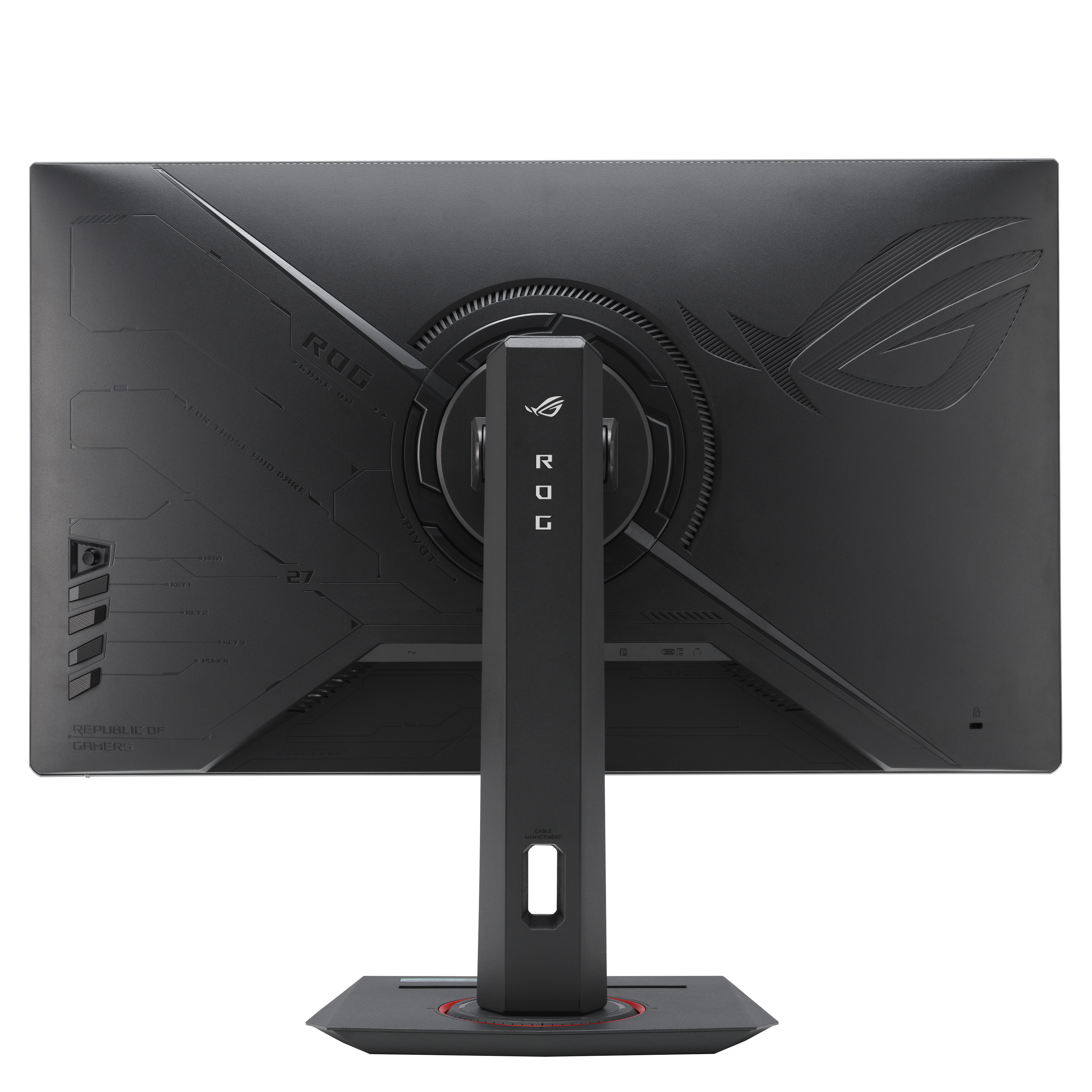 Il retro di un monitor gaming con logo ROG, supporto e varie porte.