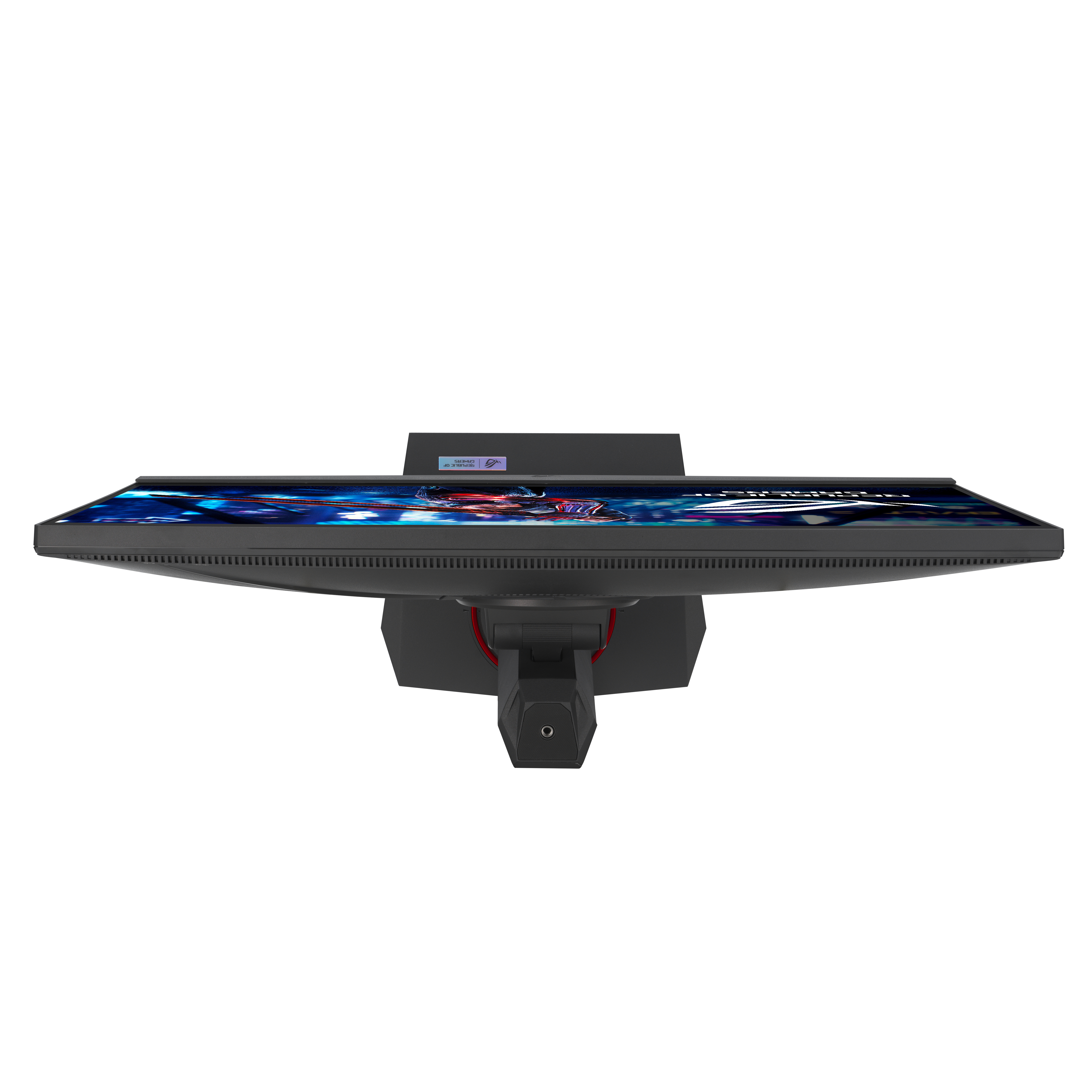 Monitor dall'alto, nero con dettagli rossi sul supporto. Display con grafica a colori.