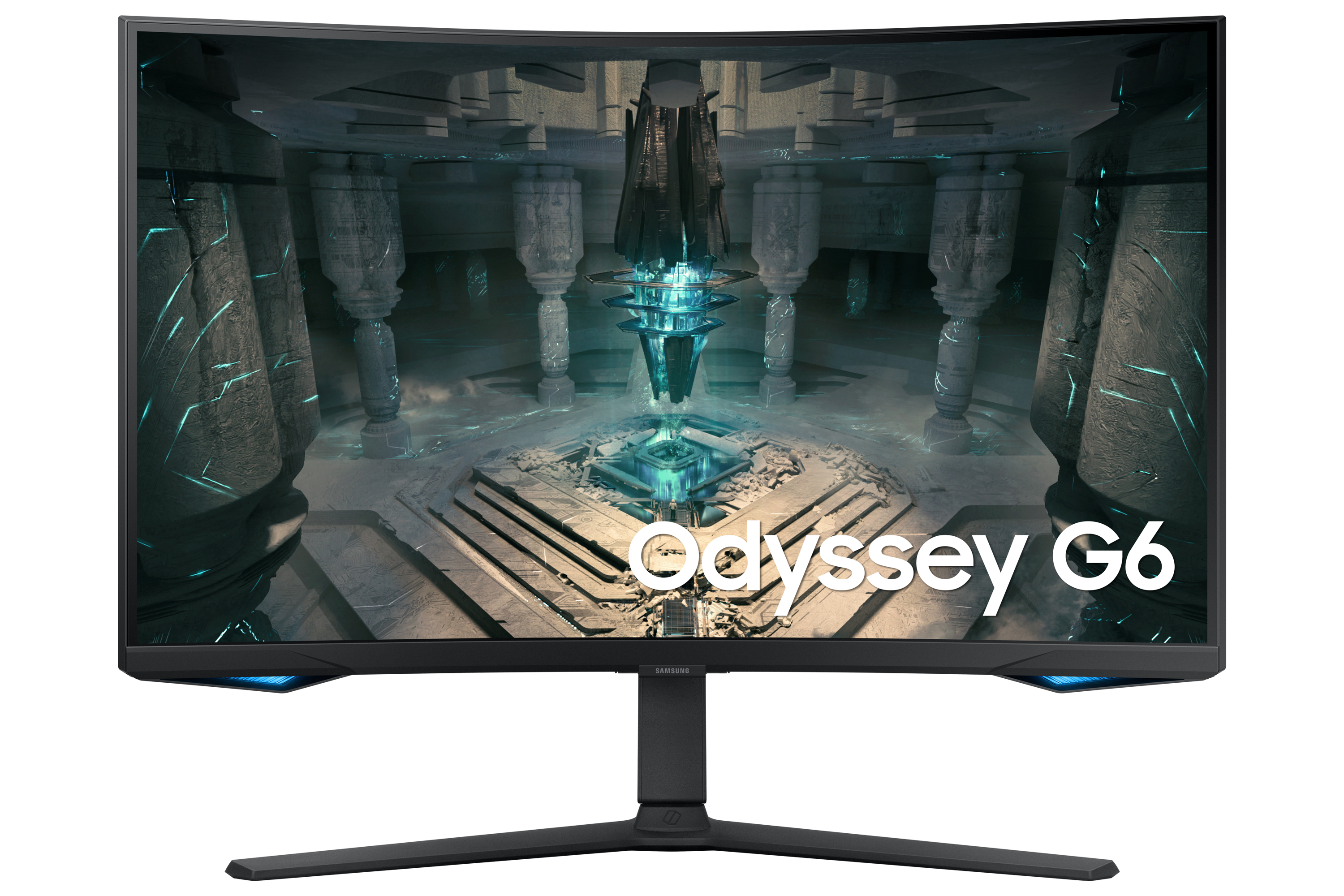 Monitor curvo con texto Odyssey G6. La pantalla muestra una escena futurista con una luz central.