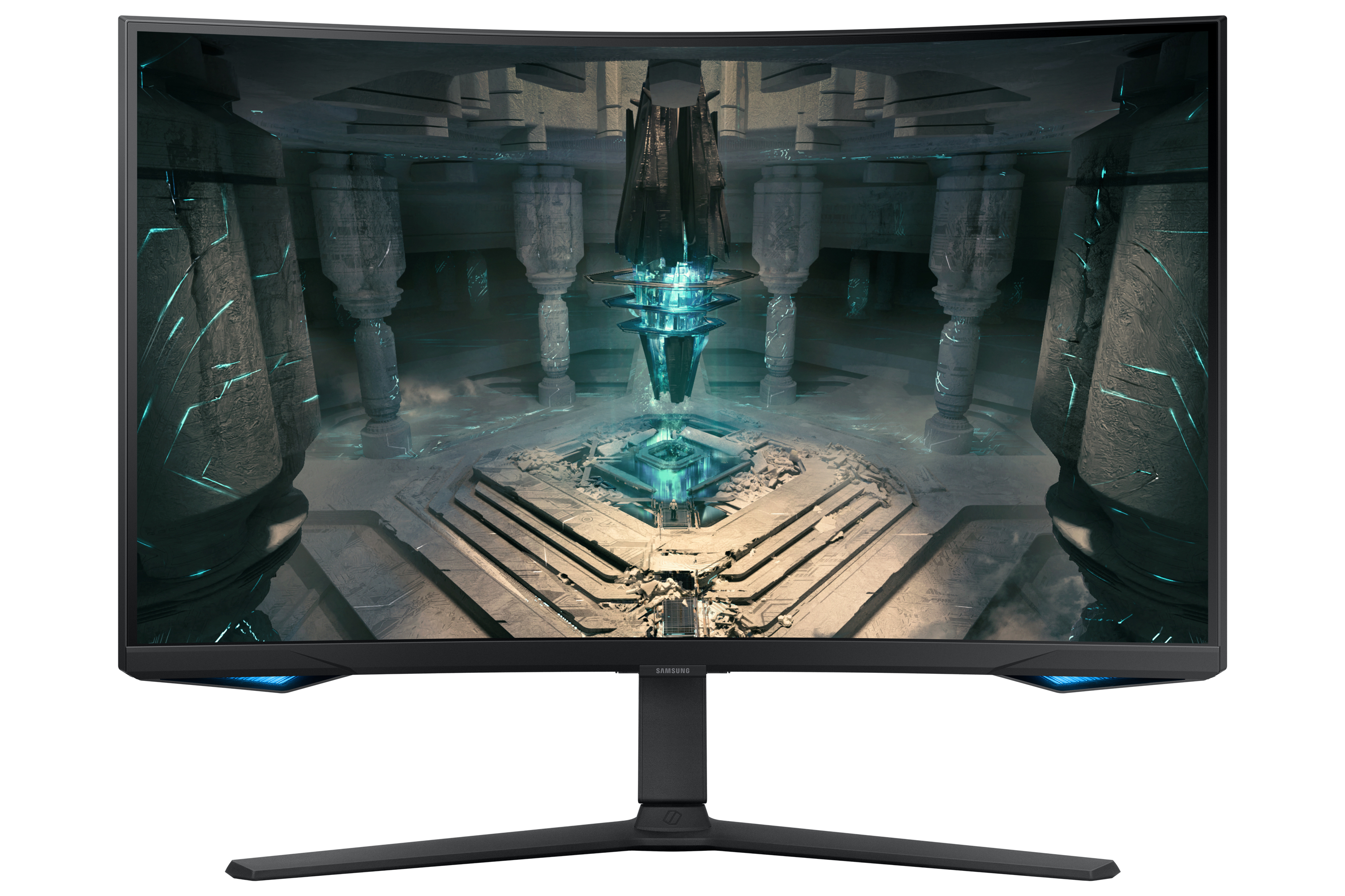 Un monitor curvo muestra una escena de ciencia ficción. El monitor está sobre un soporte negro.