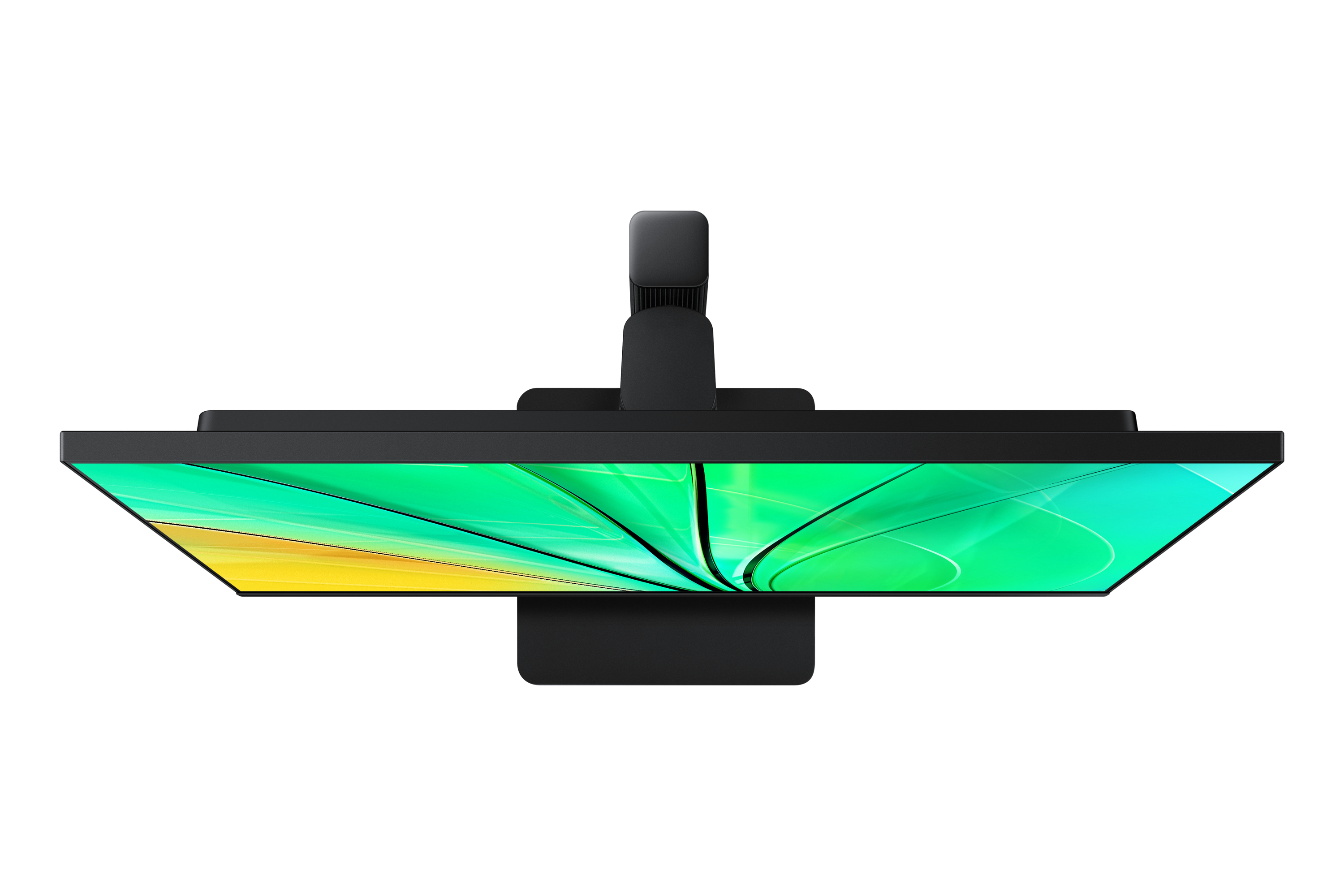 Widok z góry na czarny monitor, zielono-żółty gradient ekranu, na białym tle.