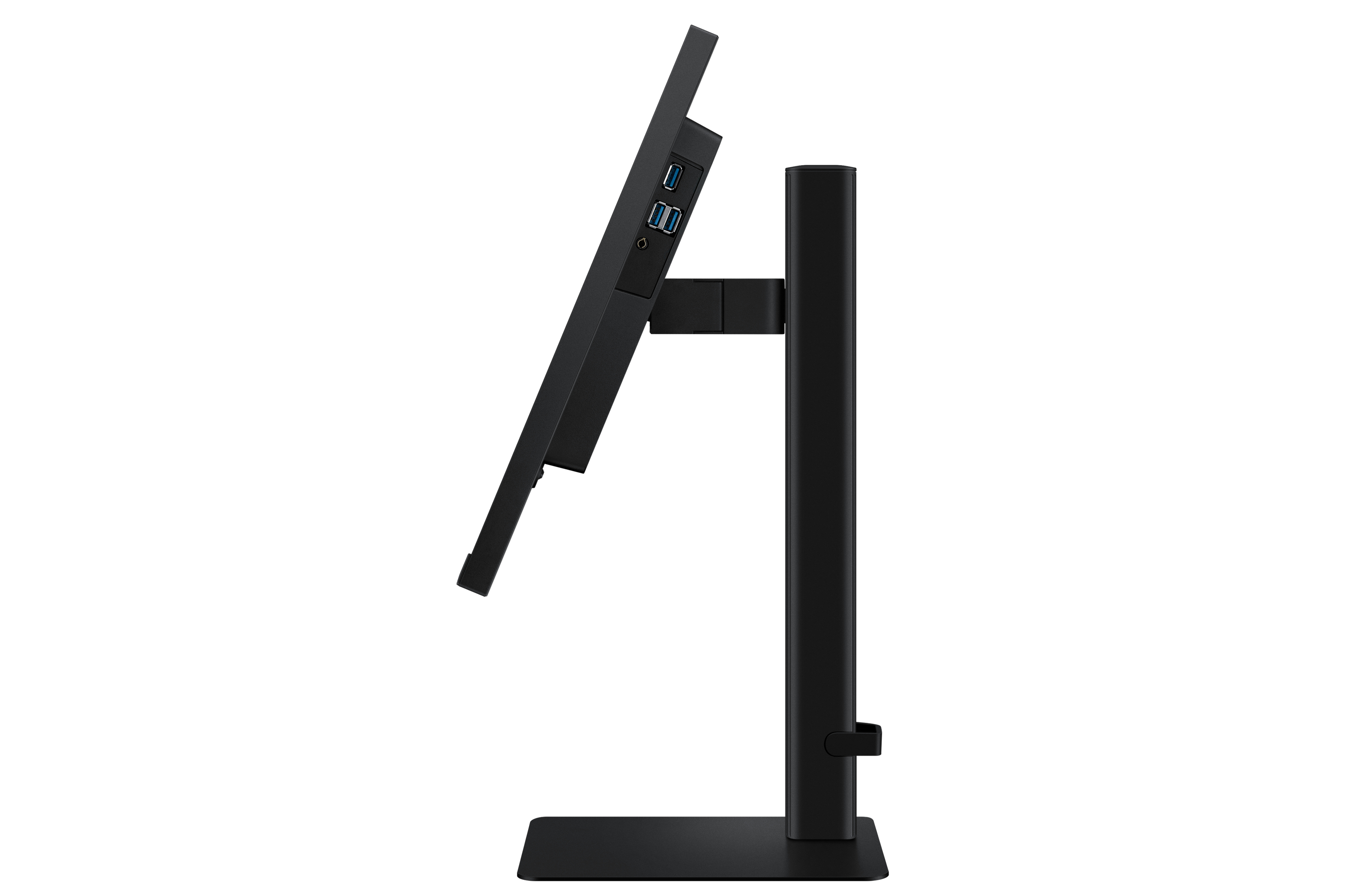 Czarny monitor komputerowy z boku z czarną podstawą.