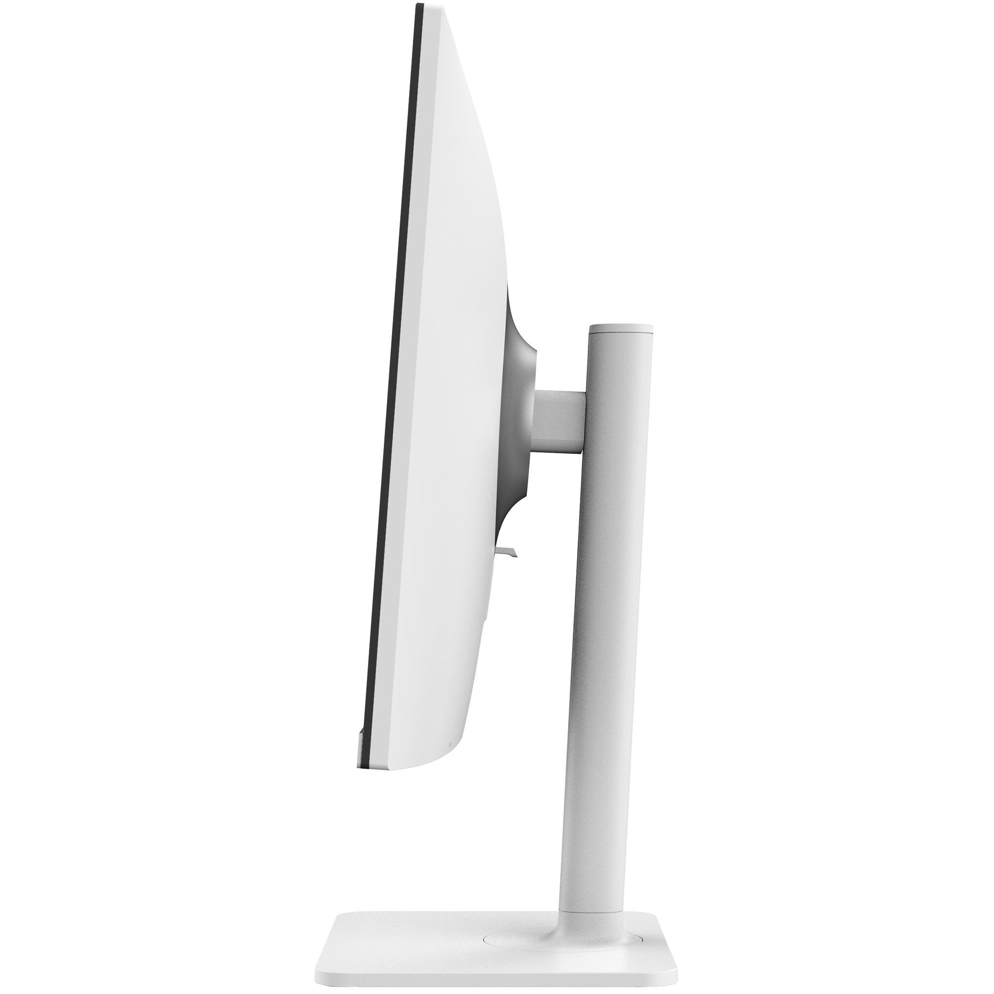 Monitor de computadora blanco desde el lado, en soporte blanco, fondo blanco, foto de estudio.