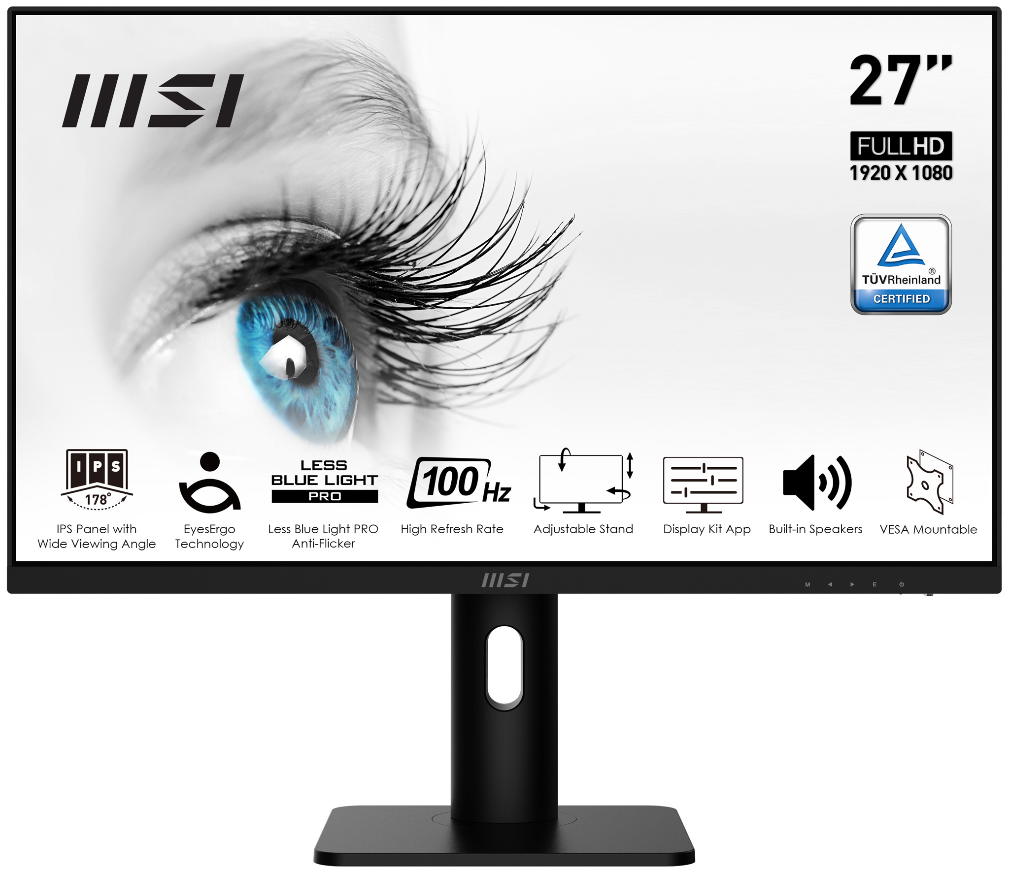 Un monitor per computer nero. Vista frontale. Ha il logo MSI e altre specifiche tecniche. Schermo da 27".