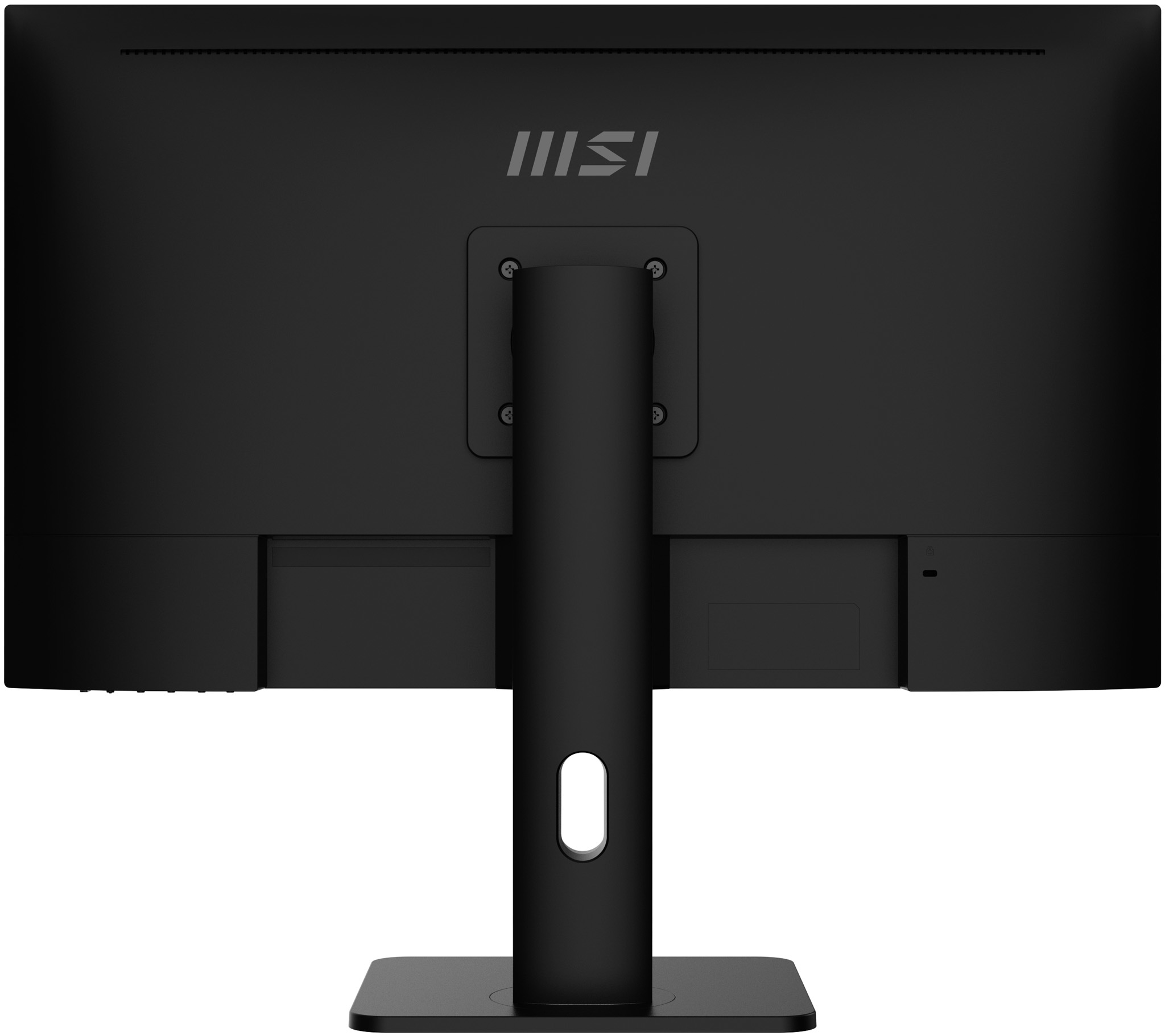 Retro di un monitor MSI nero con supporto, porte e logo MSI.