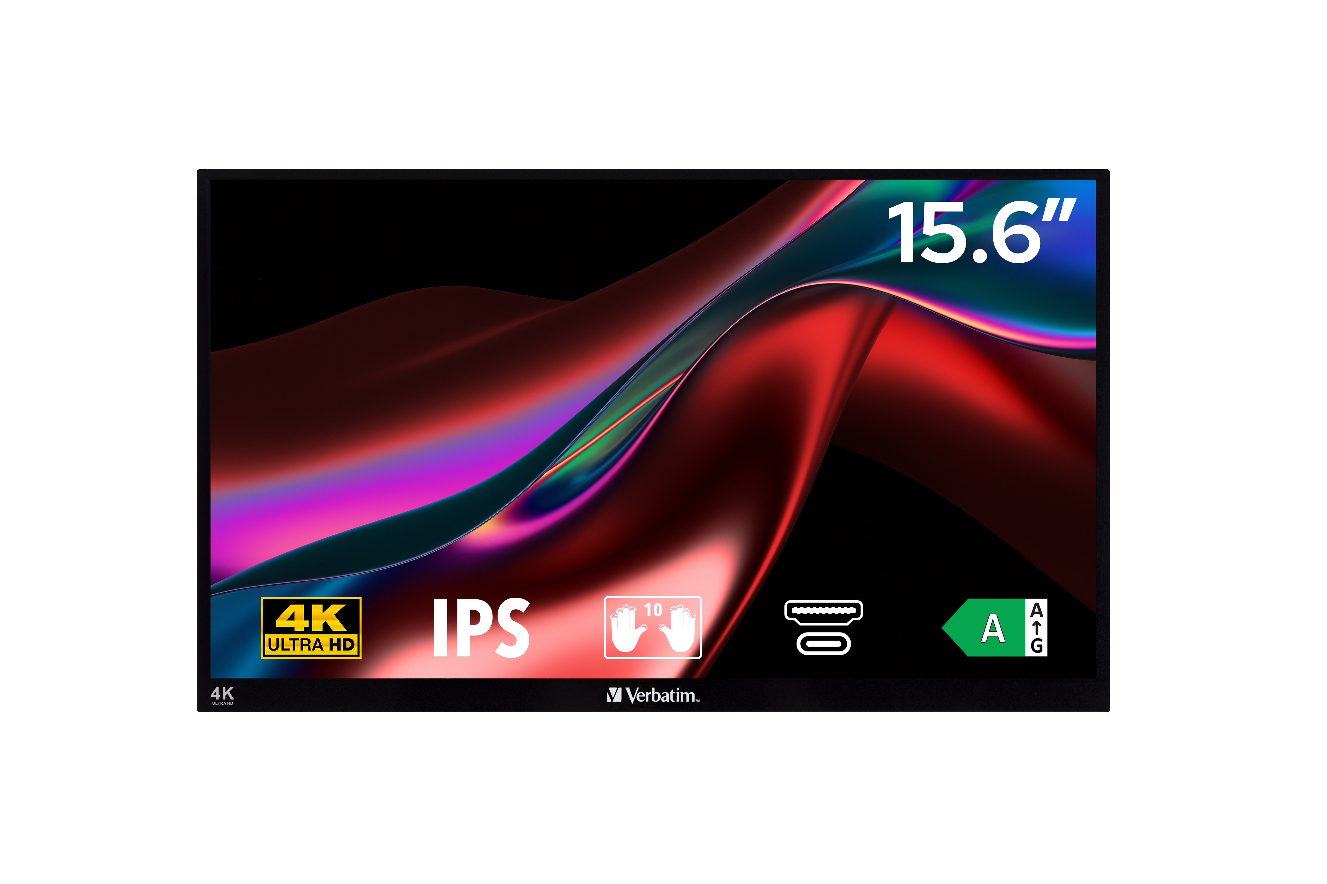 Czarny monitor 15,6" z żywym wyświetlaczem. Zawiera 4K Ultra HD, IPS i logo Verbatim.