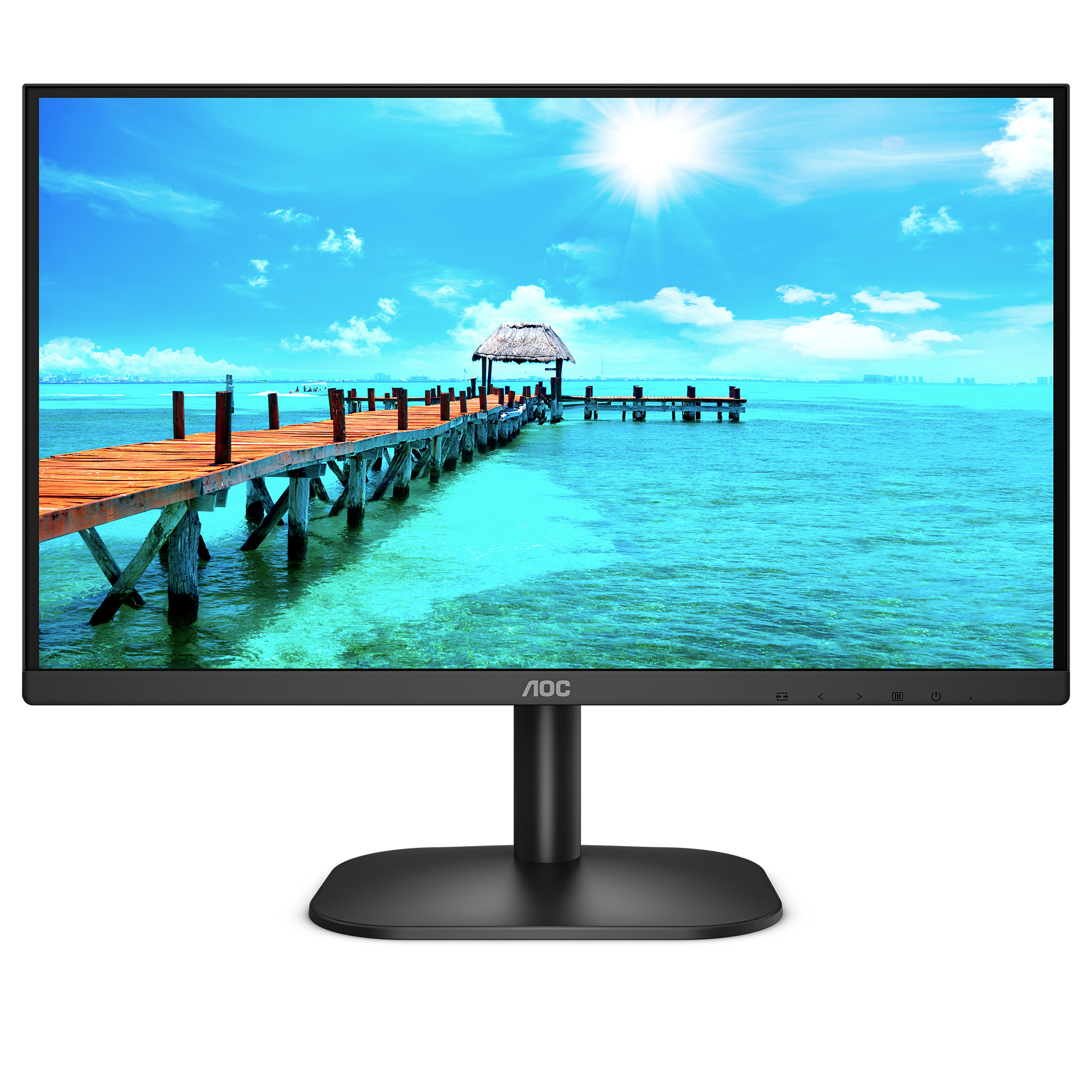 Un monitor nero con una scena di molo sullo schermo. Cielo sereno, acqua e un molo di legno.