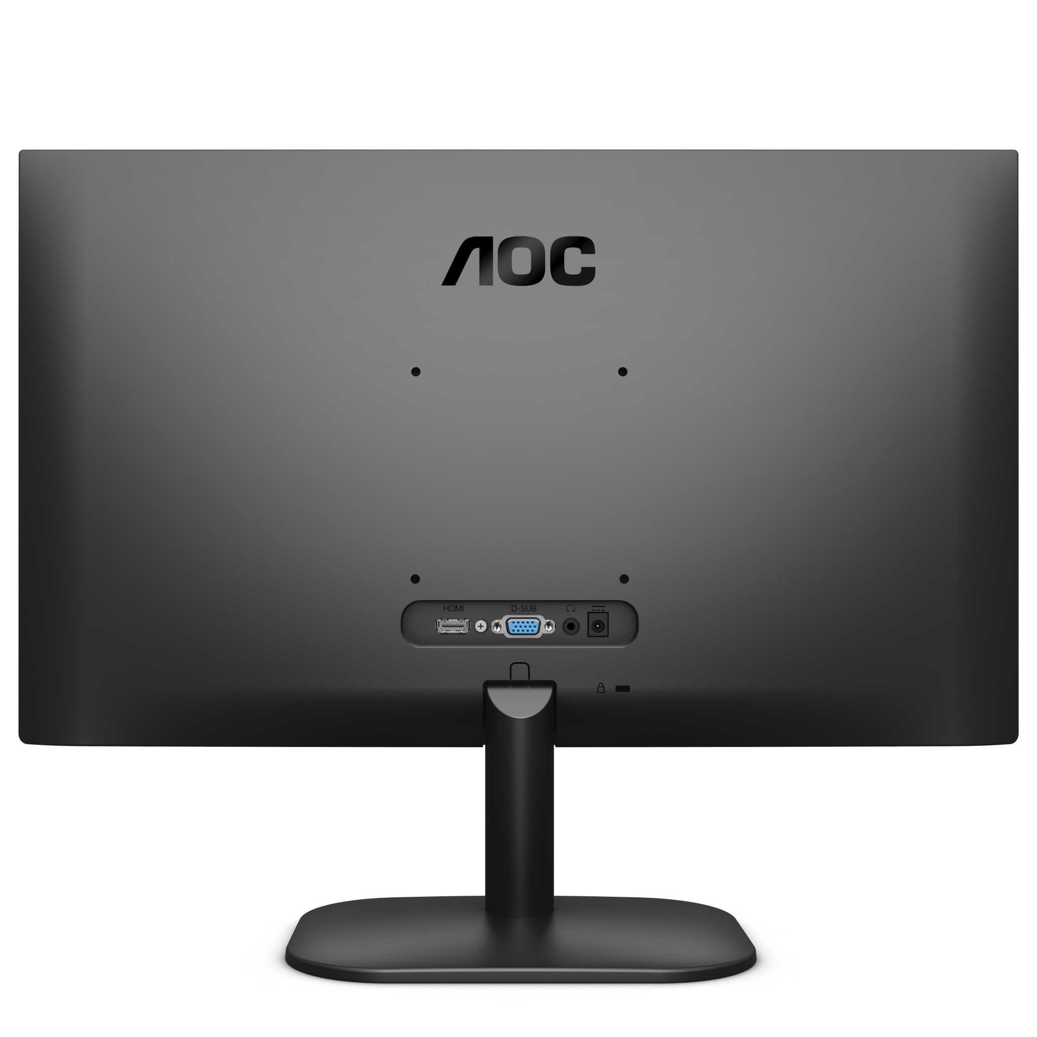 Un retro del monitor nero con logo AOC e porte. Viene mostrato dalla parte posteriore con i connettori visibili.