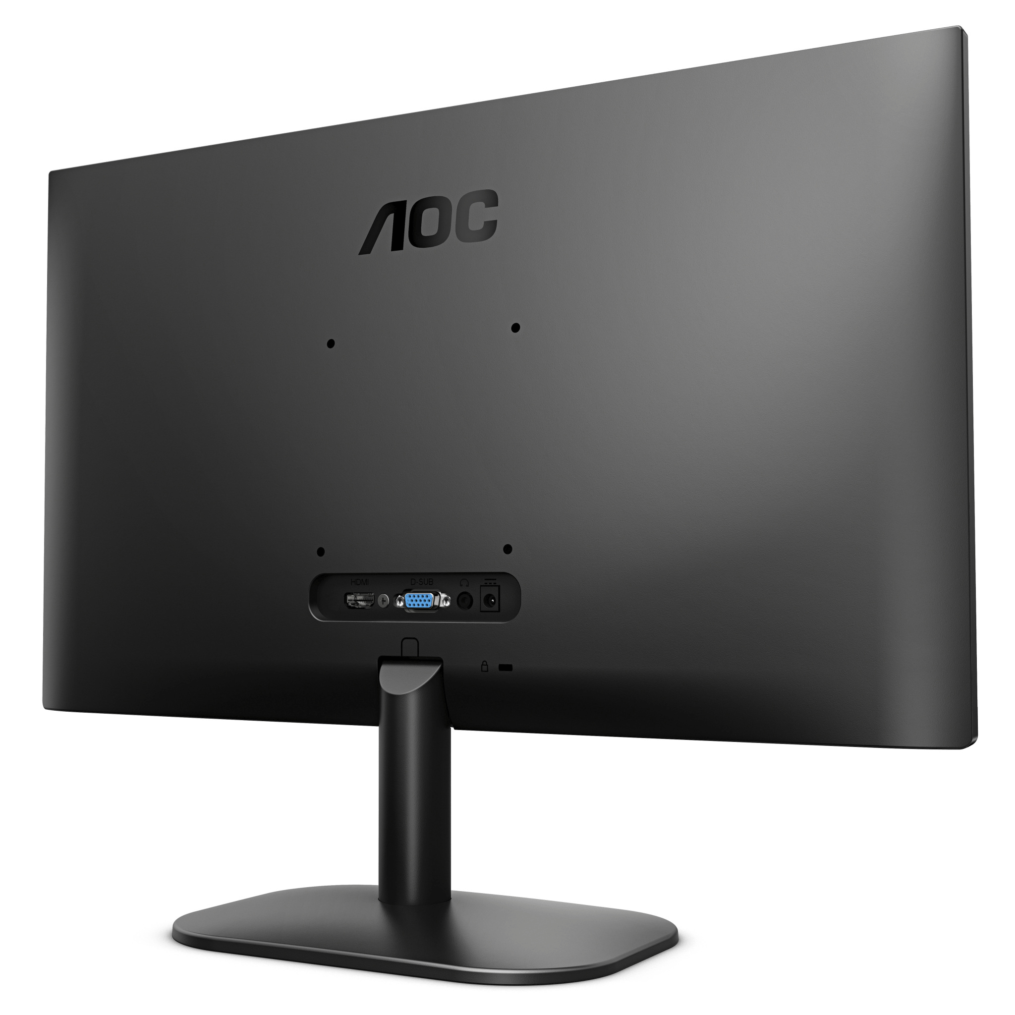 Il retro di un monitor AOC nero con supporto e porte di connessione.