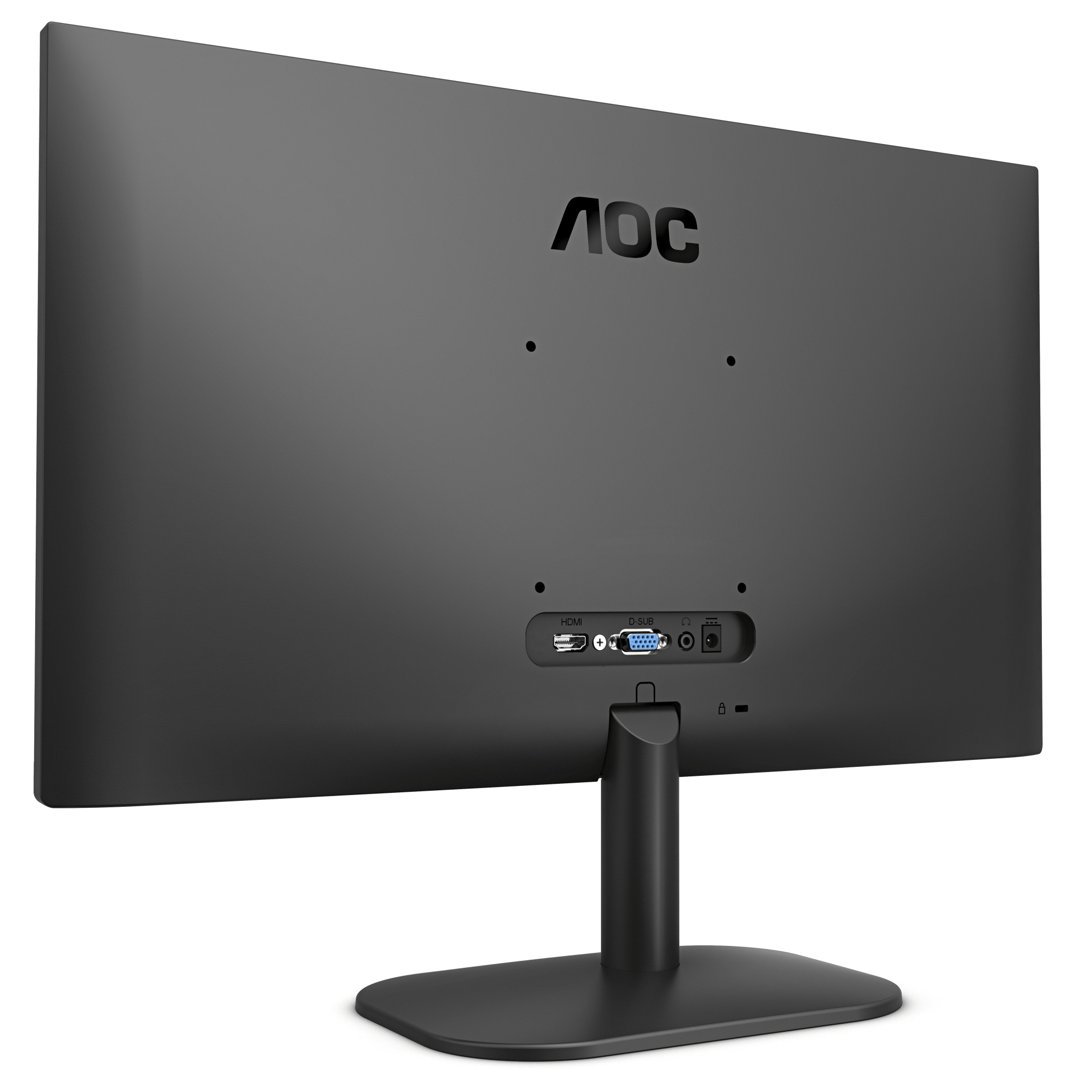 Il retro di un monitor AOC nero con porte e un supporto.