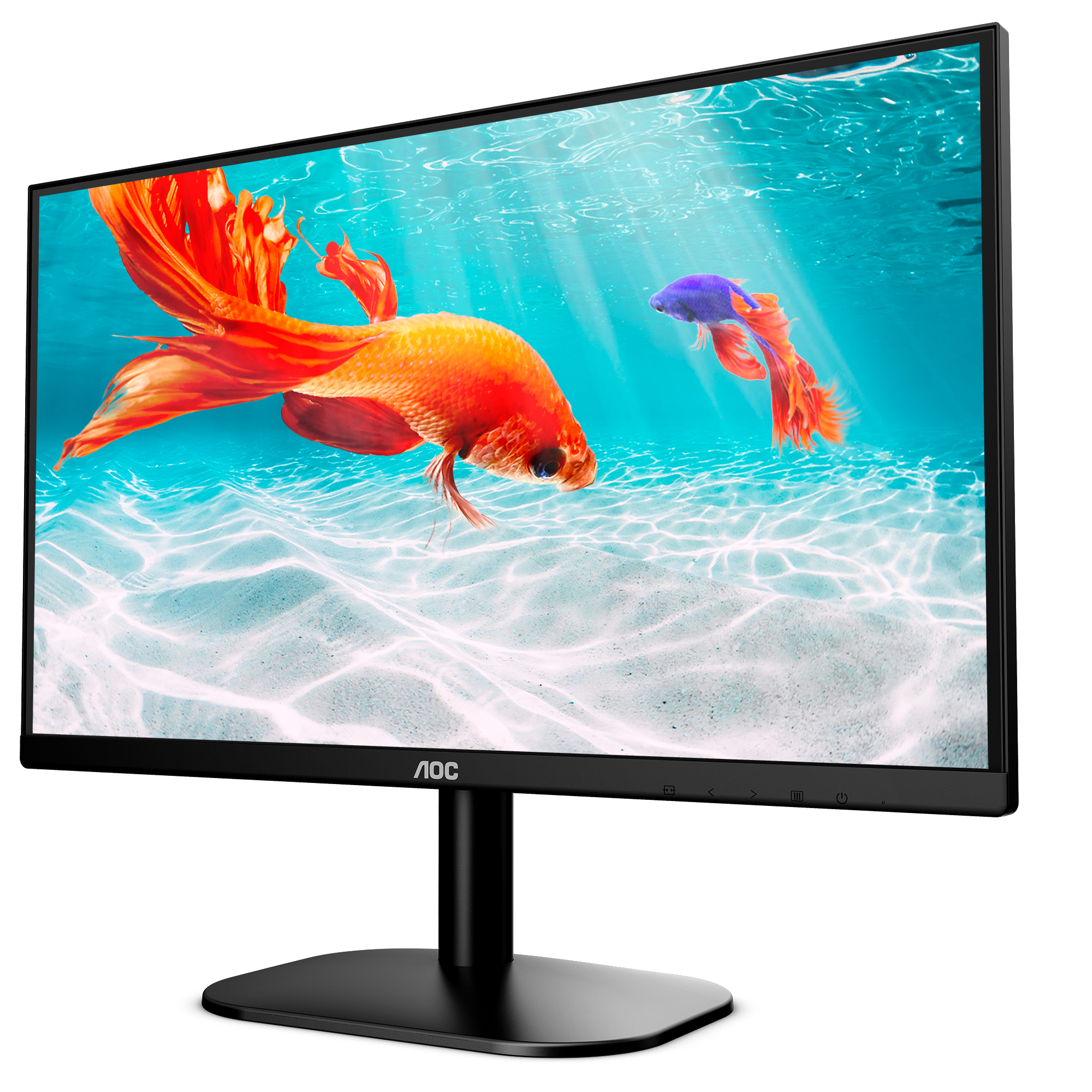 Monitor AOC con due pesci colorati in una scena subacquea. Cornice e supporto neri.