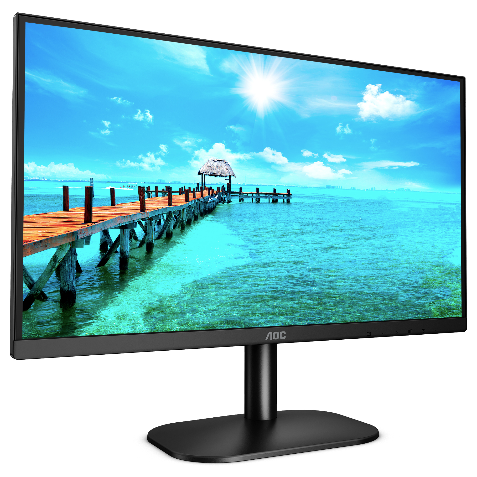 Monitor AOC che mostra una scena di spiaggia con un pontile di legno e cielo blu.