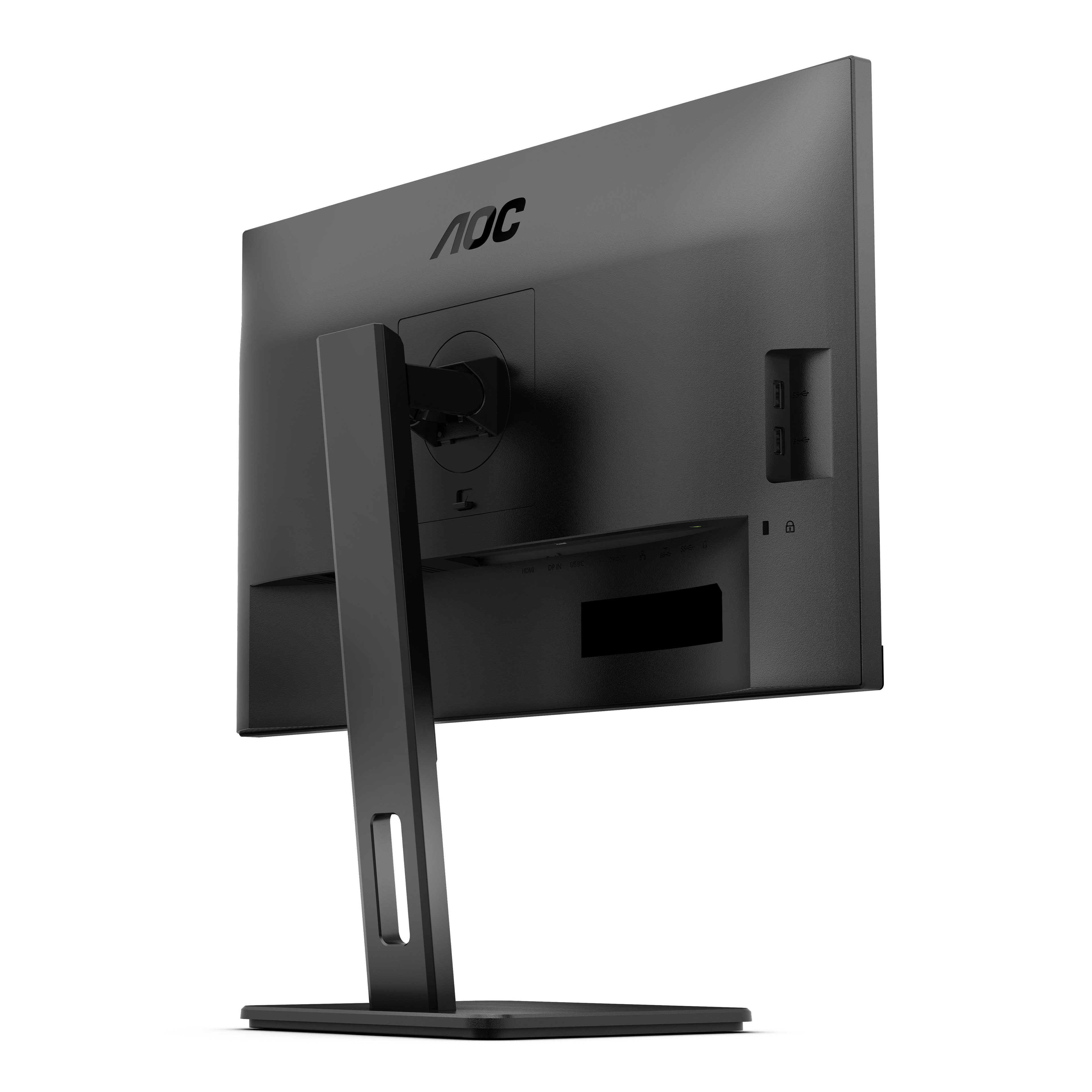 Tył czarnego monitora AOC ze stojakiem. Monitor ma porty. Tło jest białe.