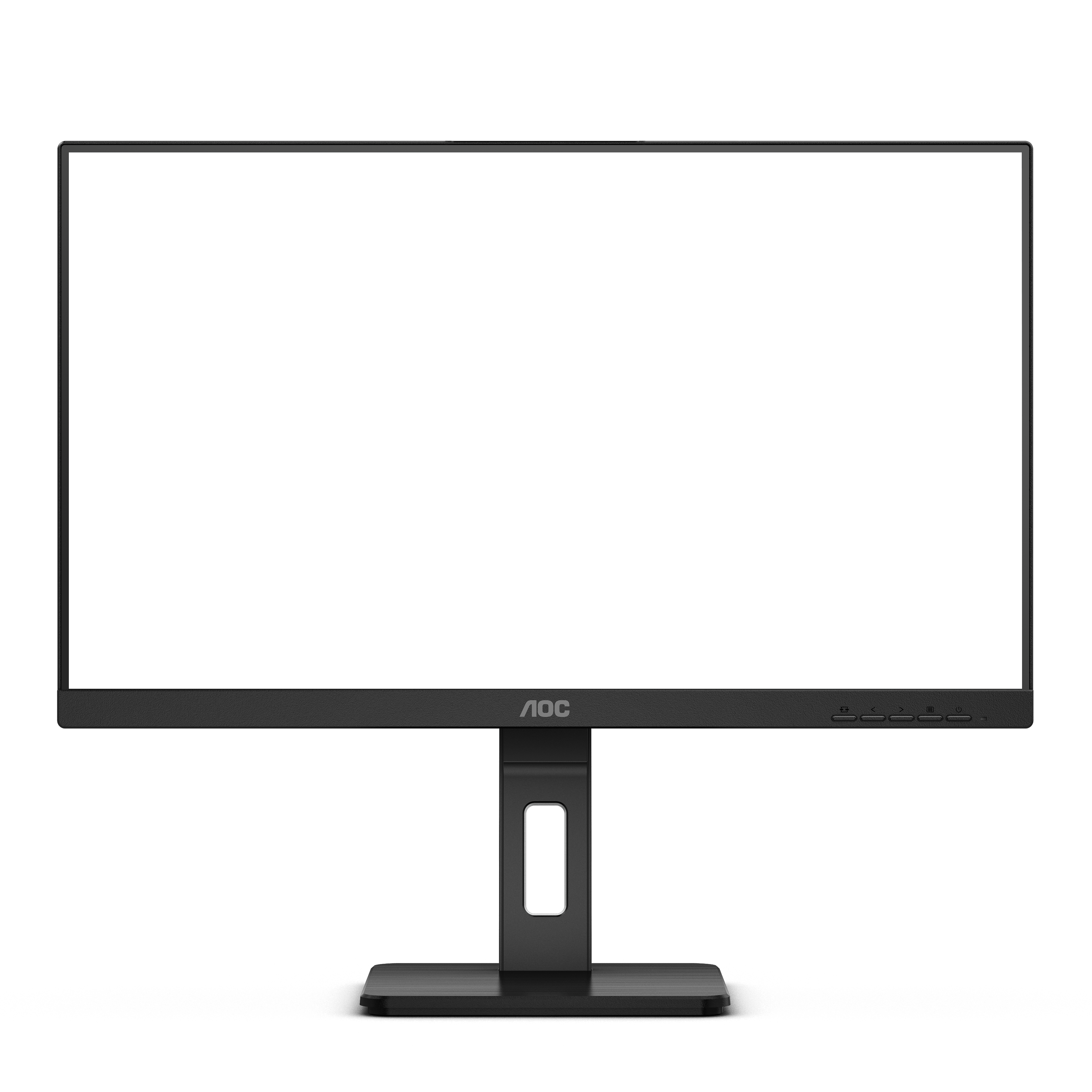 Zwarte computermonitor met een standaard, die een wit scherm toont. De merknaam is zichtbaar.