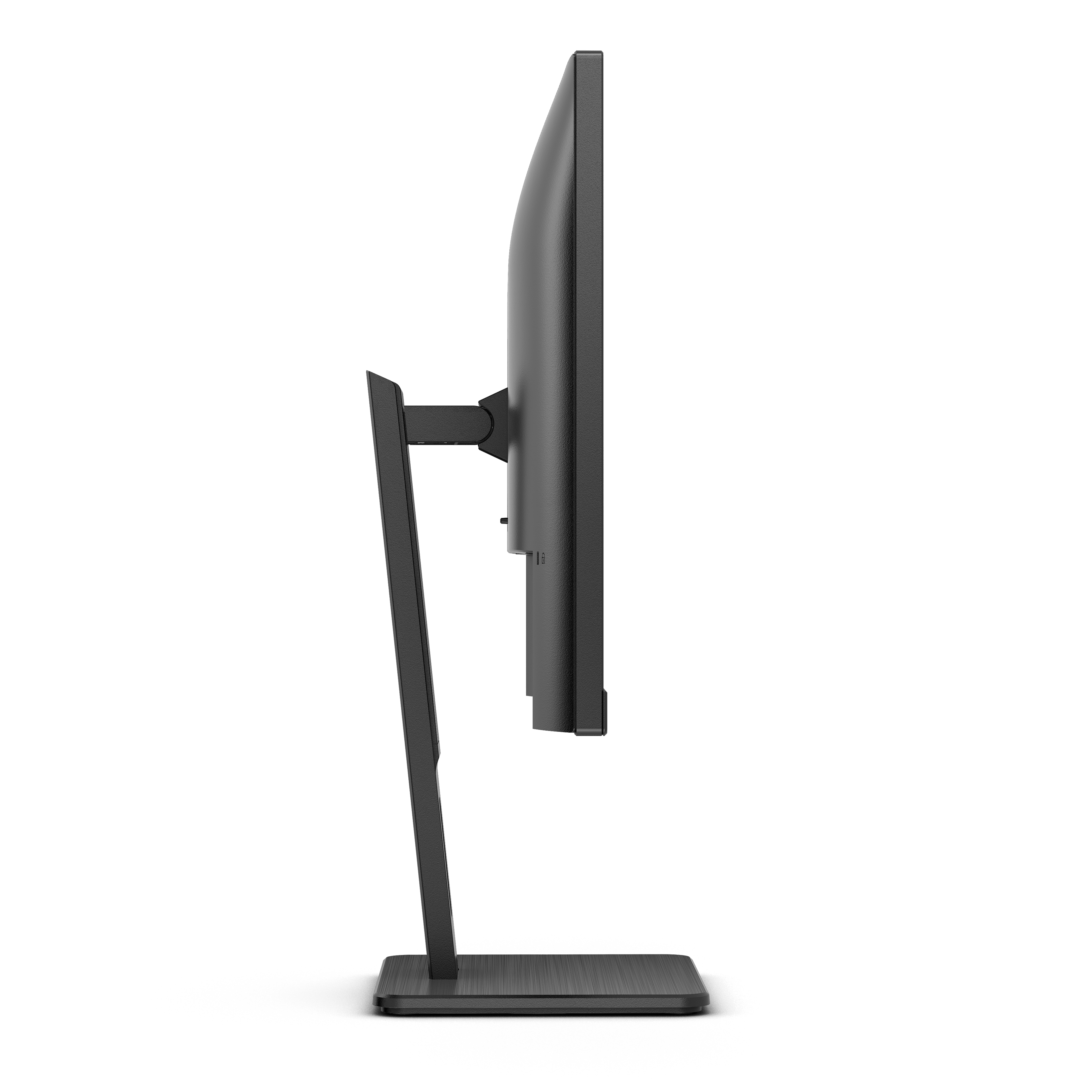 Zijaanzicht van een zwarte monitor, met een standaard en een dunne rand.