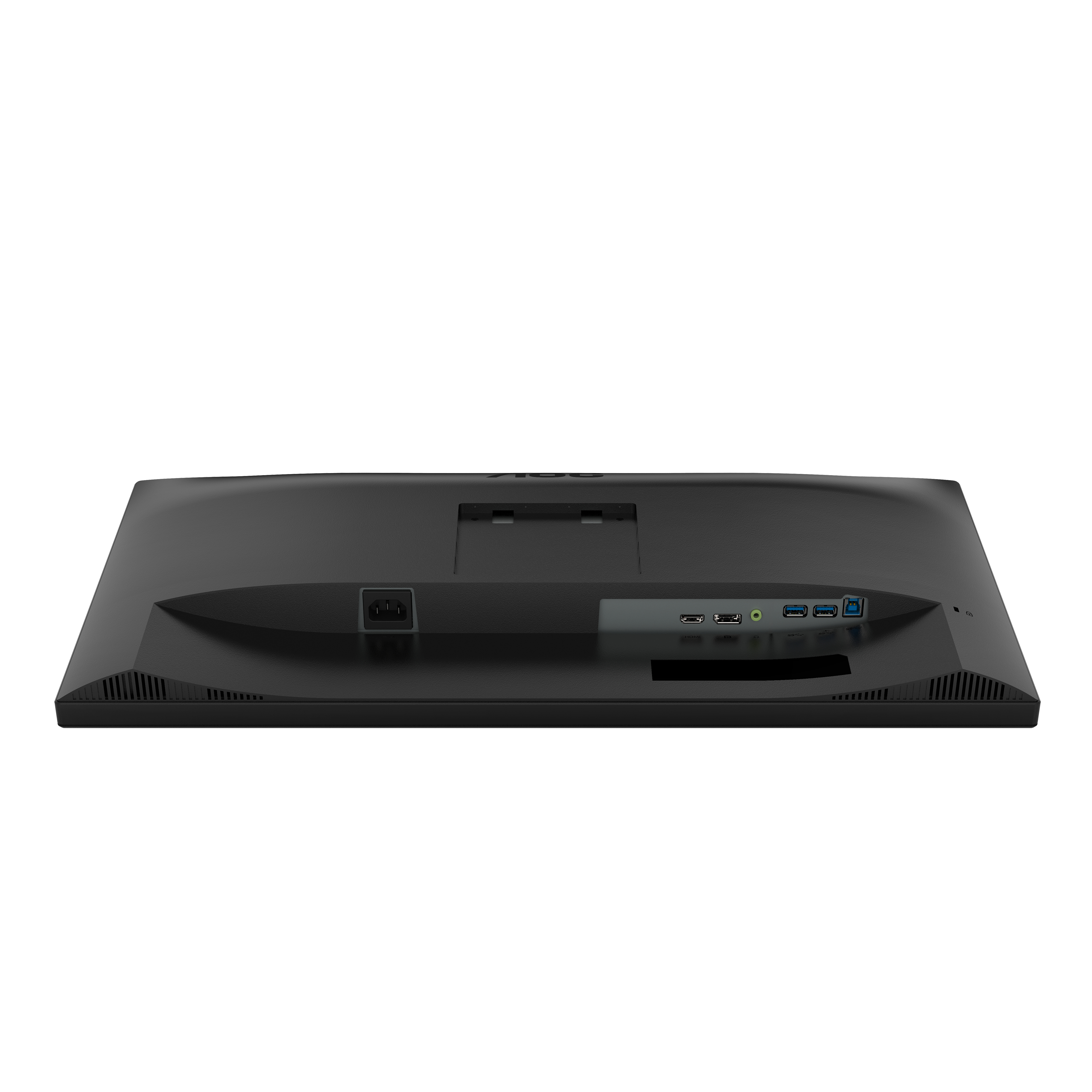 Achterkant van een zwarte computermonitor, met poorten en stroomingang.