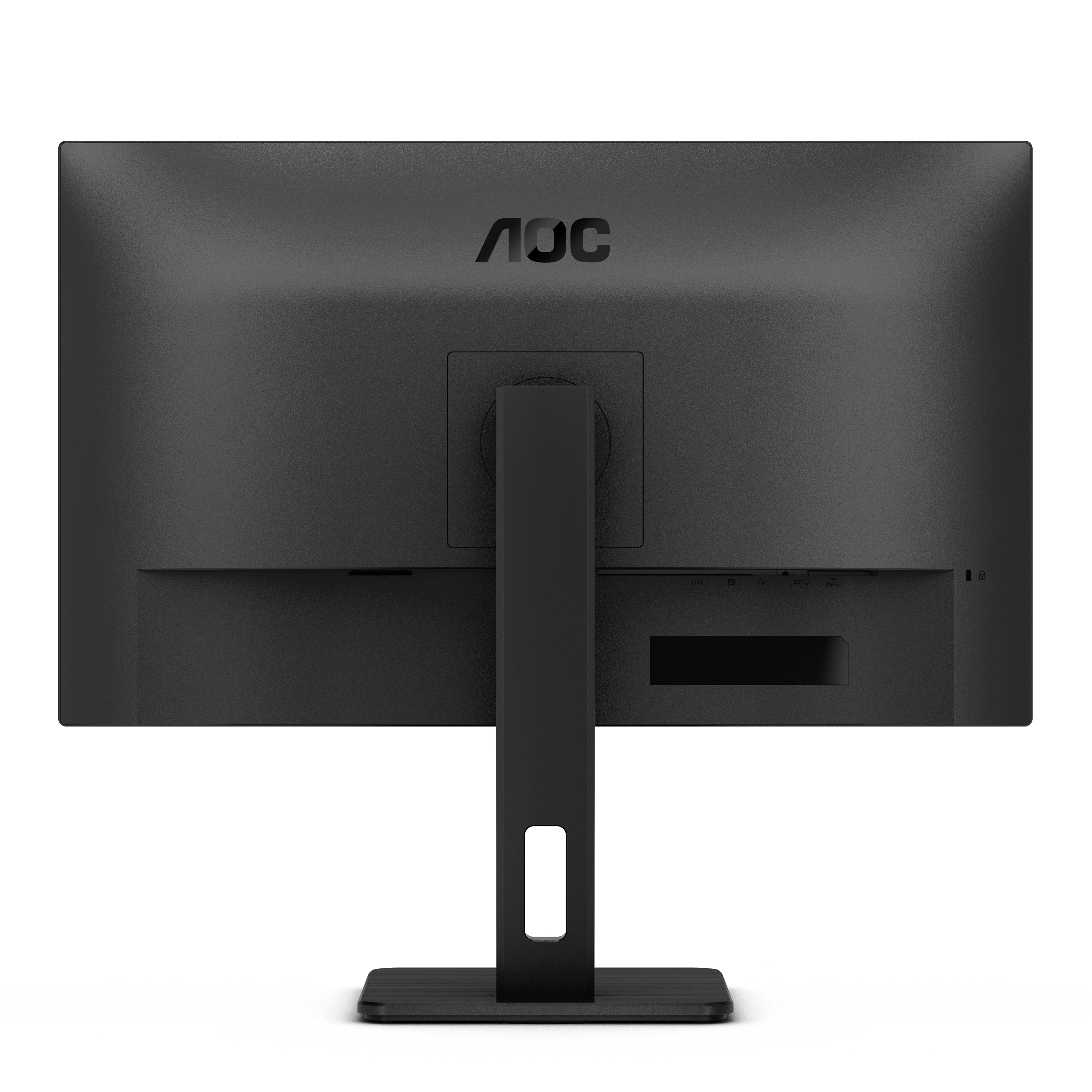 De achterkant van een AOC-monitor, met poorten en een standaardverbinding, met een zwarte voet.