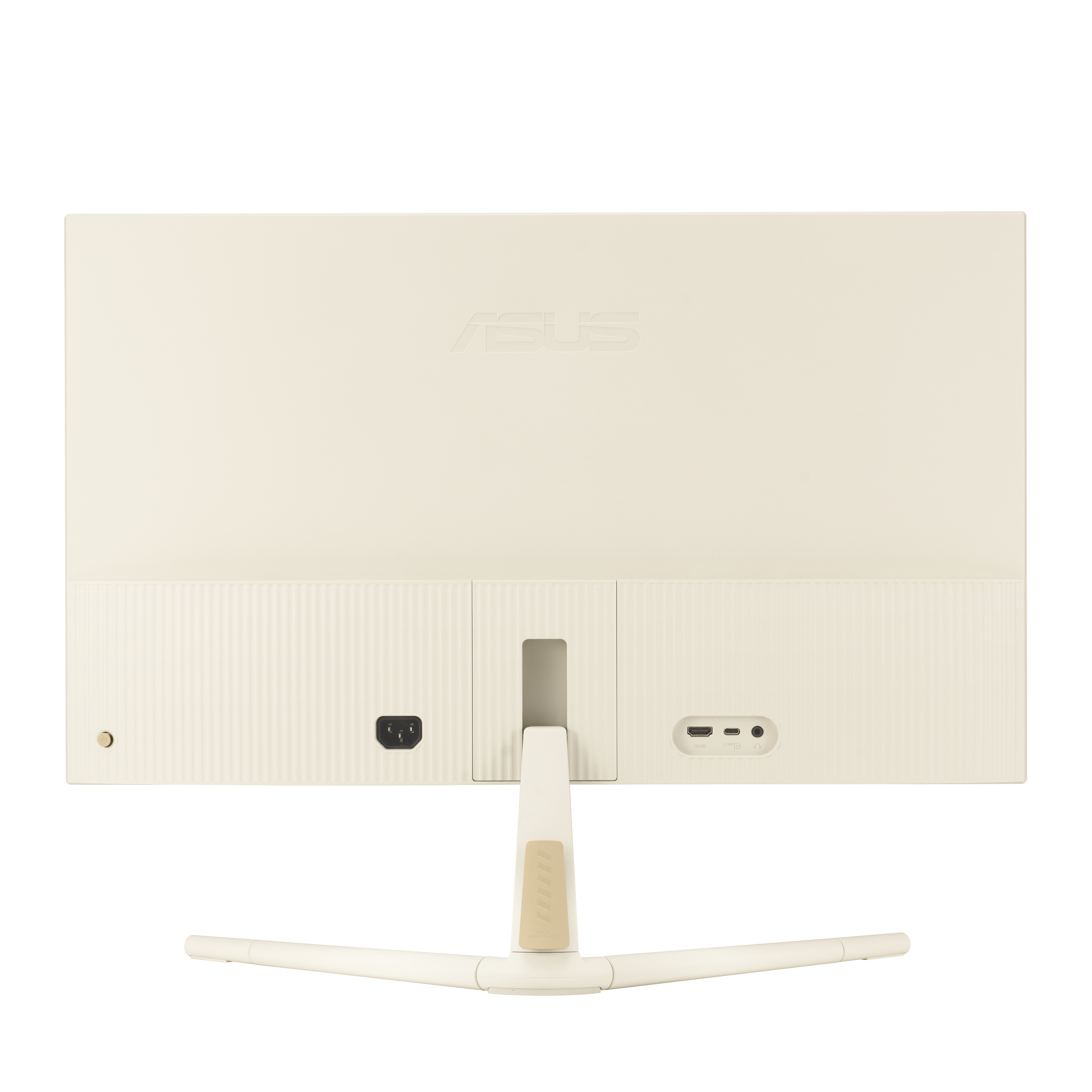 Een crèmekleurige monitor, achteraanzicht. Met witte standaard en stroomkabel.