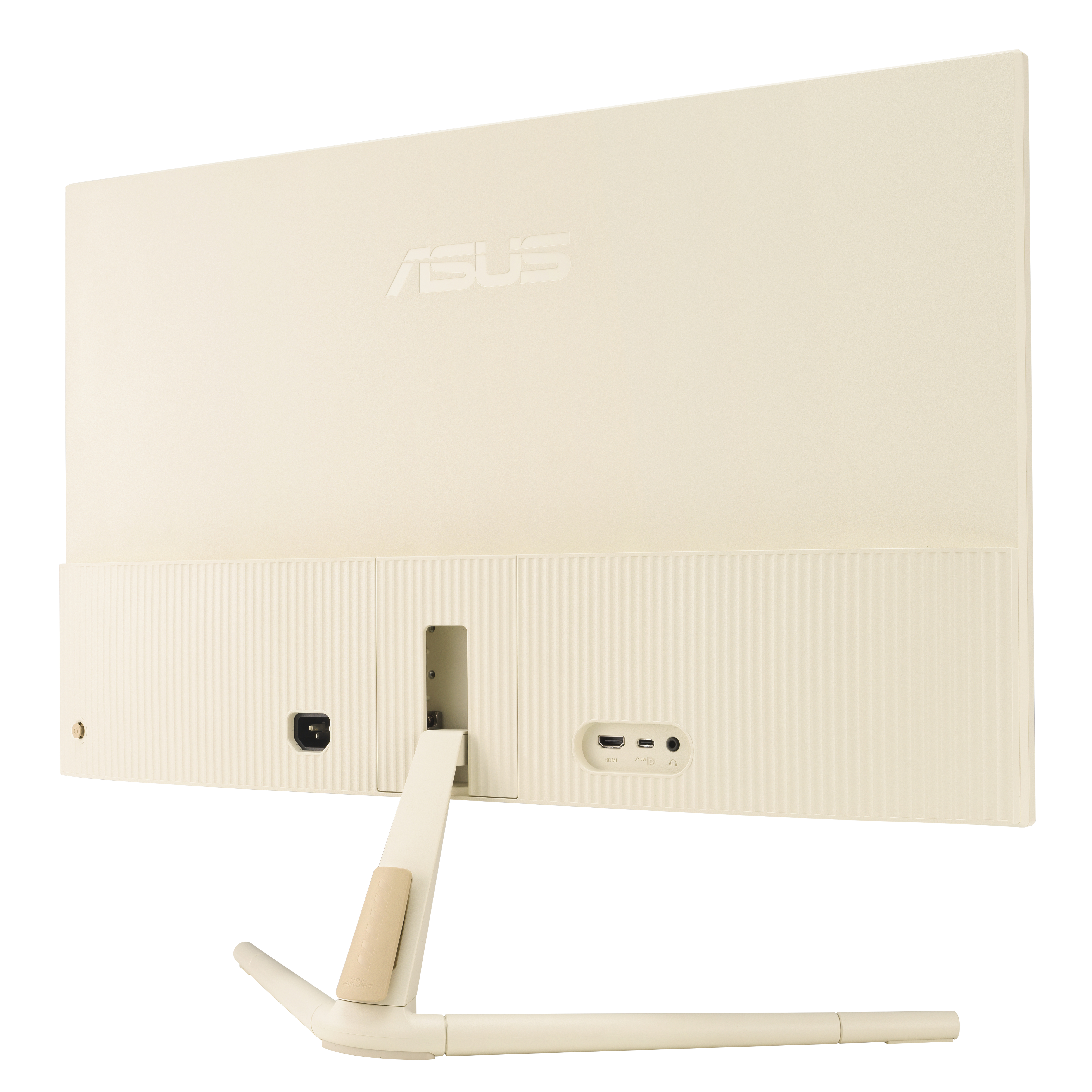 Crèmekleurige achterkant van de computermonitor. Met poorten en een ASUS-logo. De standaard is ook crème.