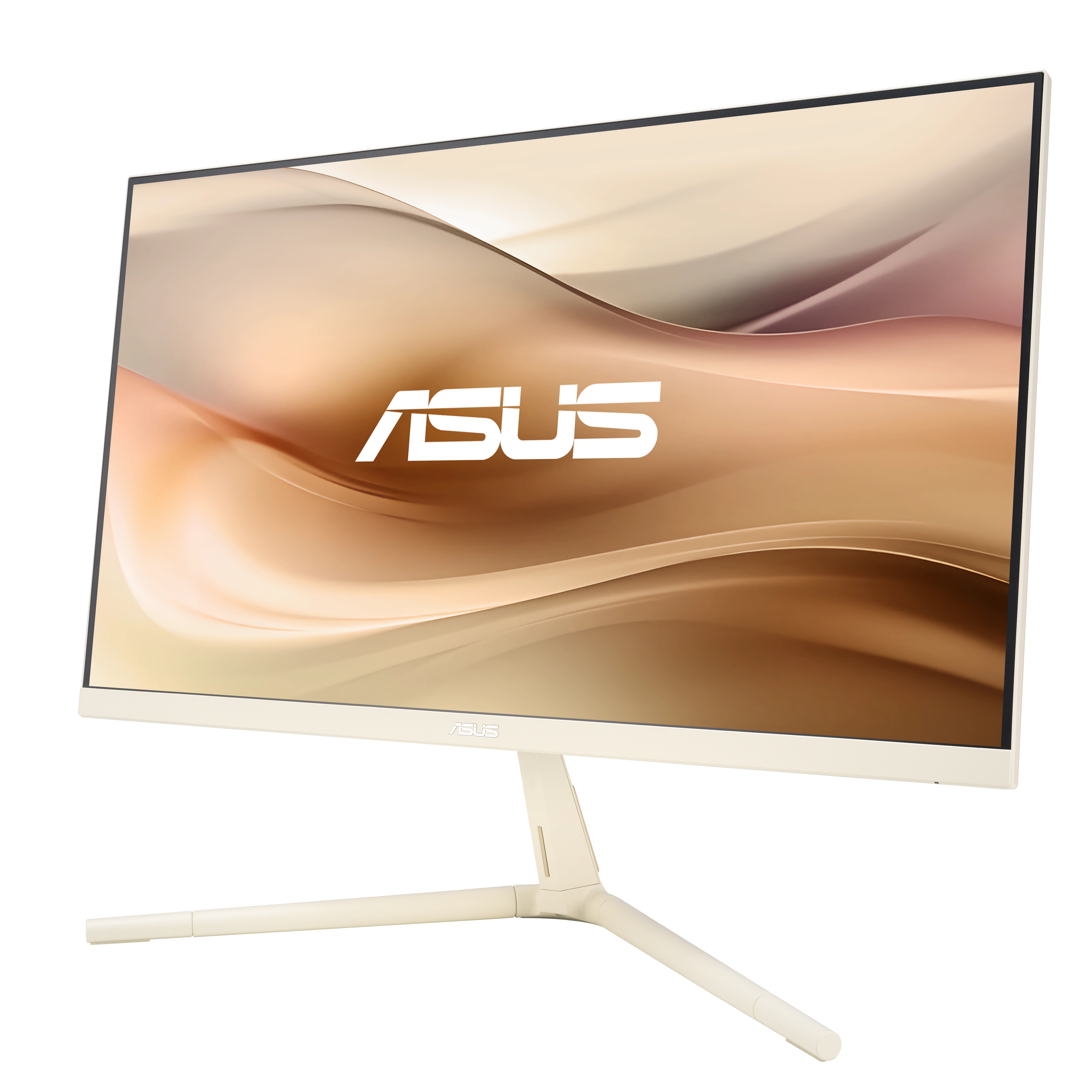 Een ASUS monitor met een crèmekleurig frame en standaard. Het scherm toont een abstract goudkleurig ontwerp.