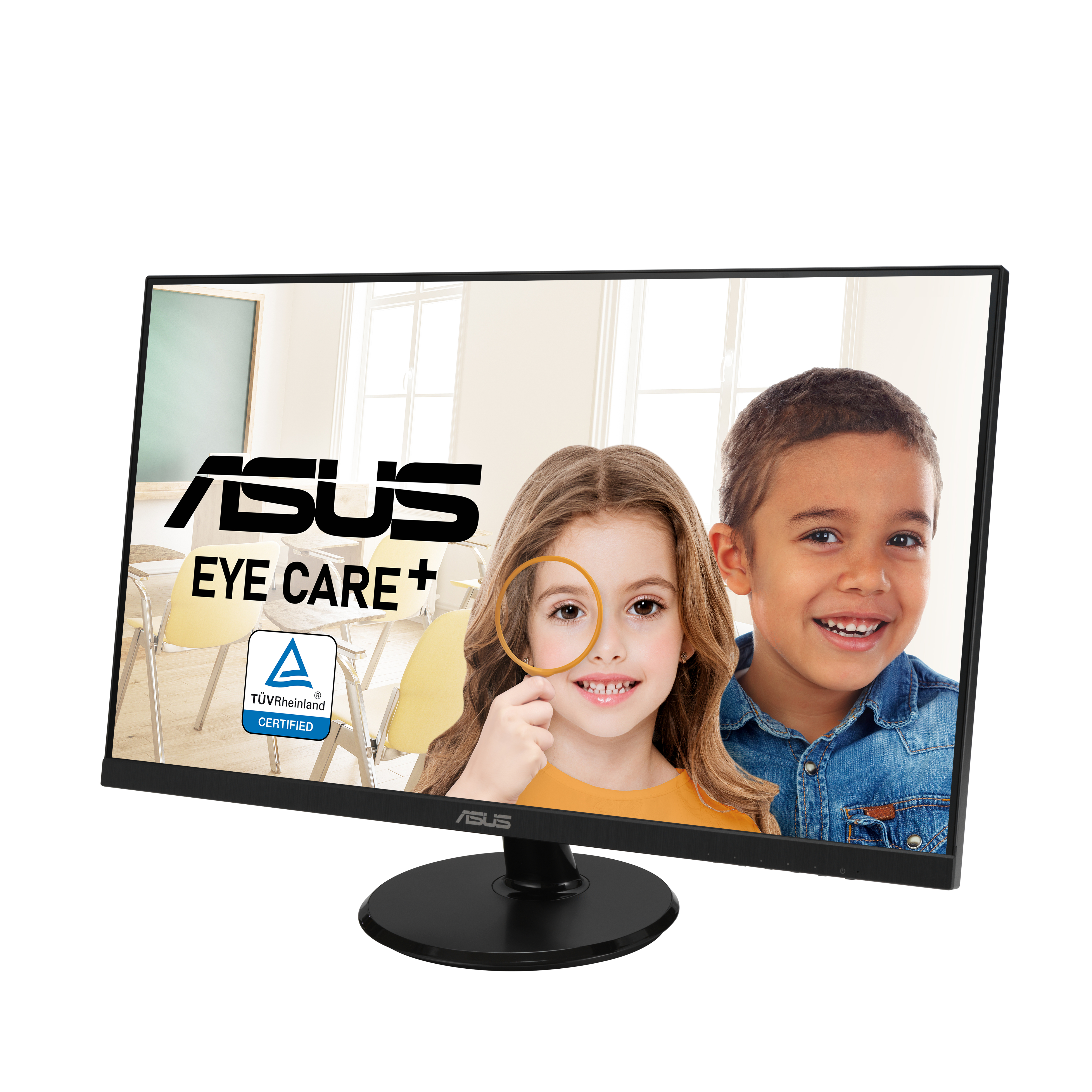 Monitor de ordenador que muestra dos niños. Texto: ASUS EYE CARE+. Fondo blanco.