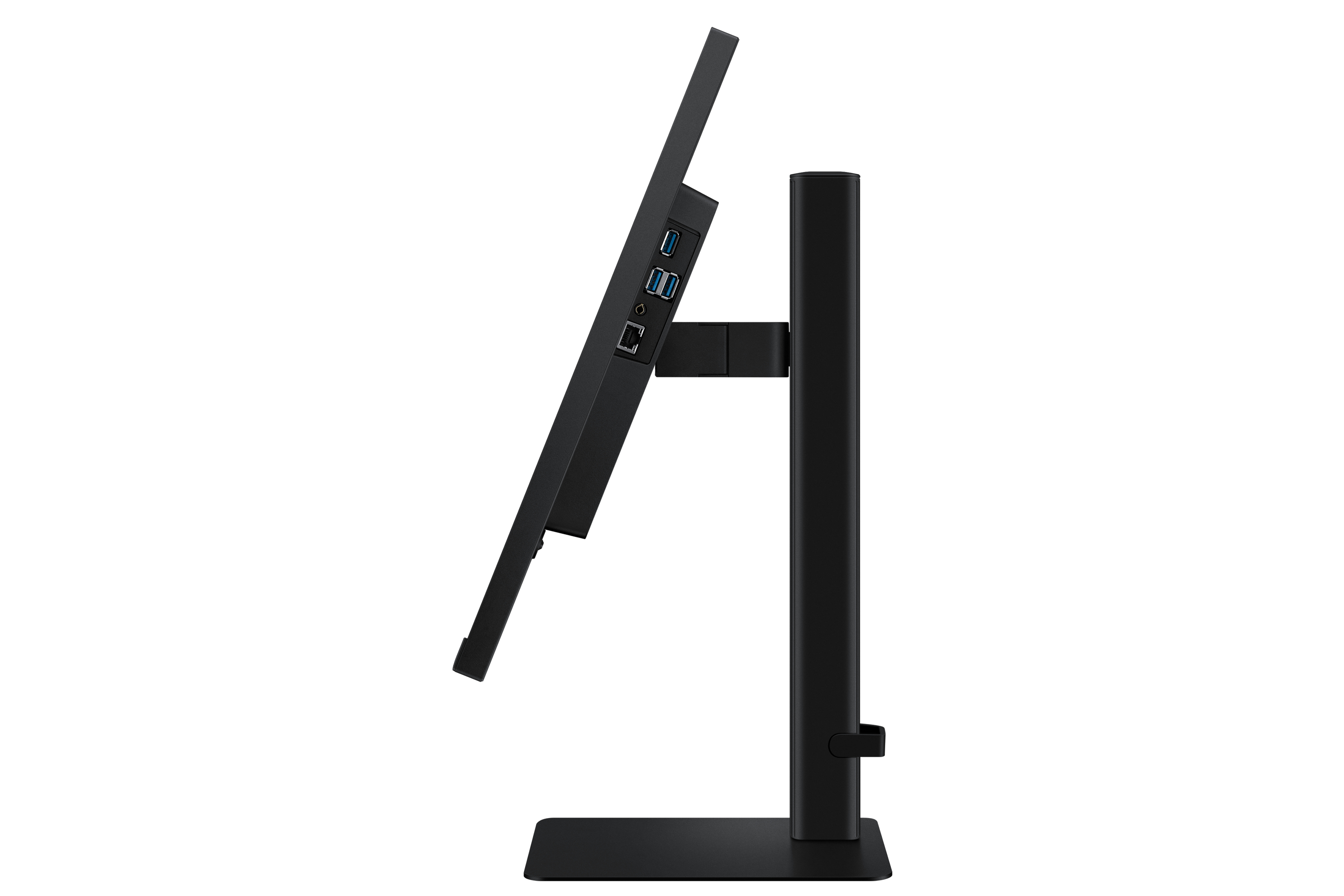 Czarny monitor, widok z boku. Podstawa jest czarna, a podstawa kwadratowa.