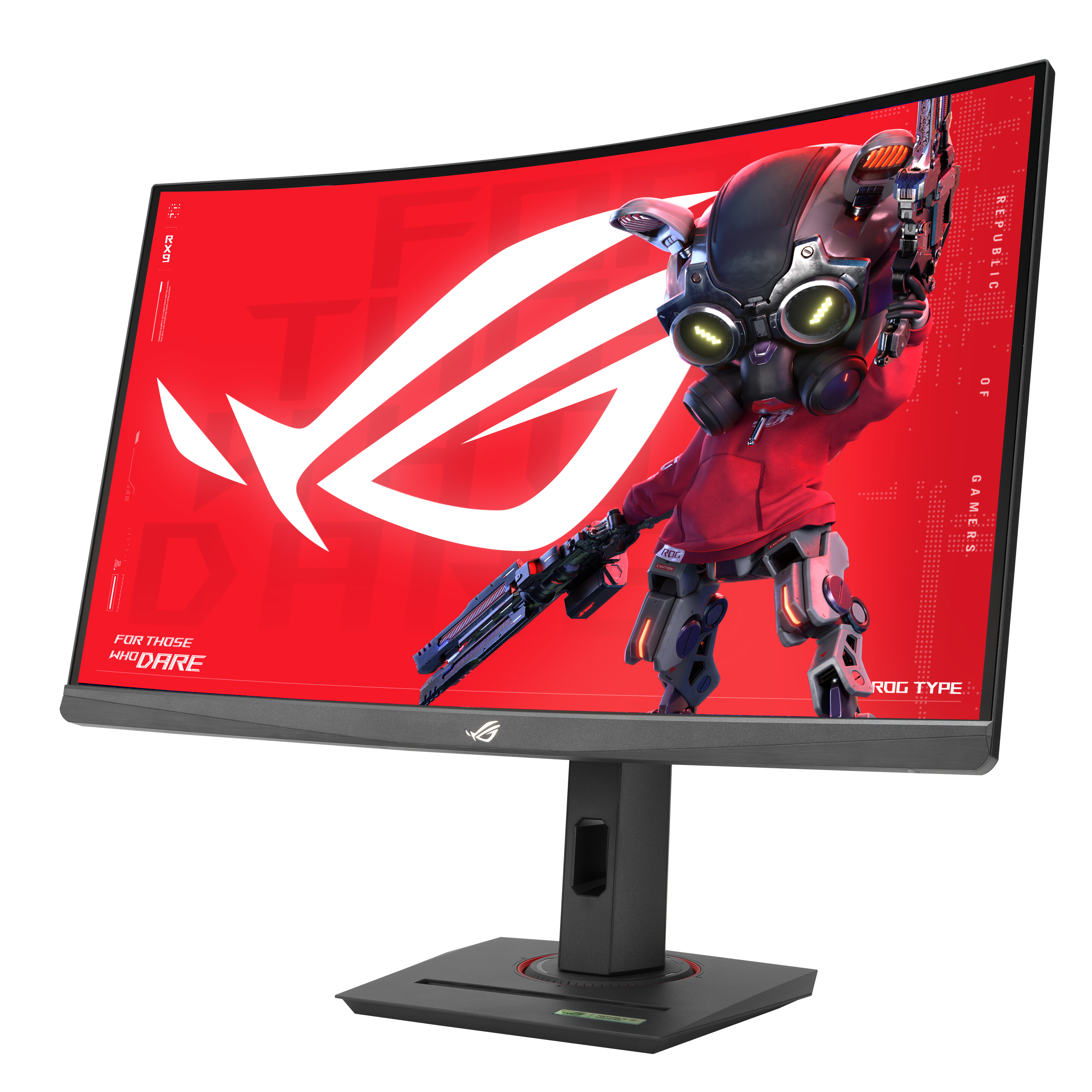 Gebogen gaming monitor. Rood scherm met wit ROG logo. Zwarte standaard. Futuristisch cartoonfiguur.