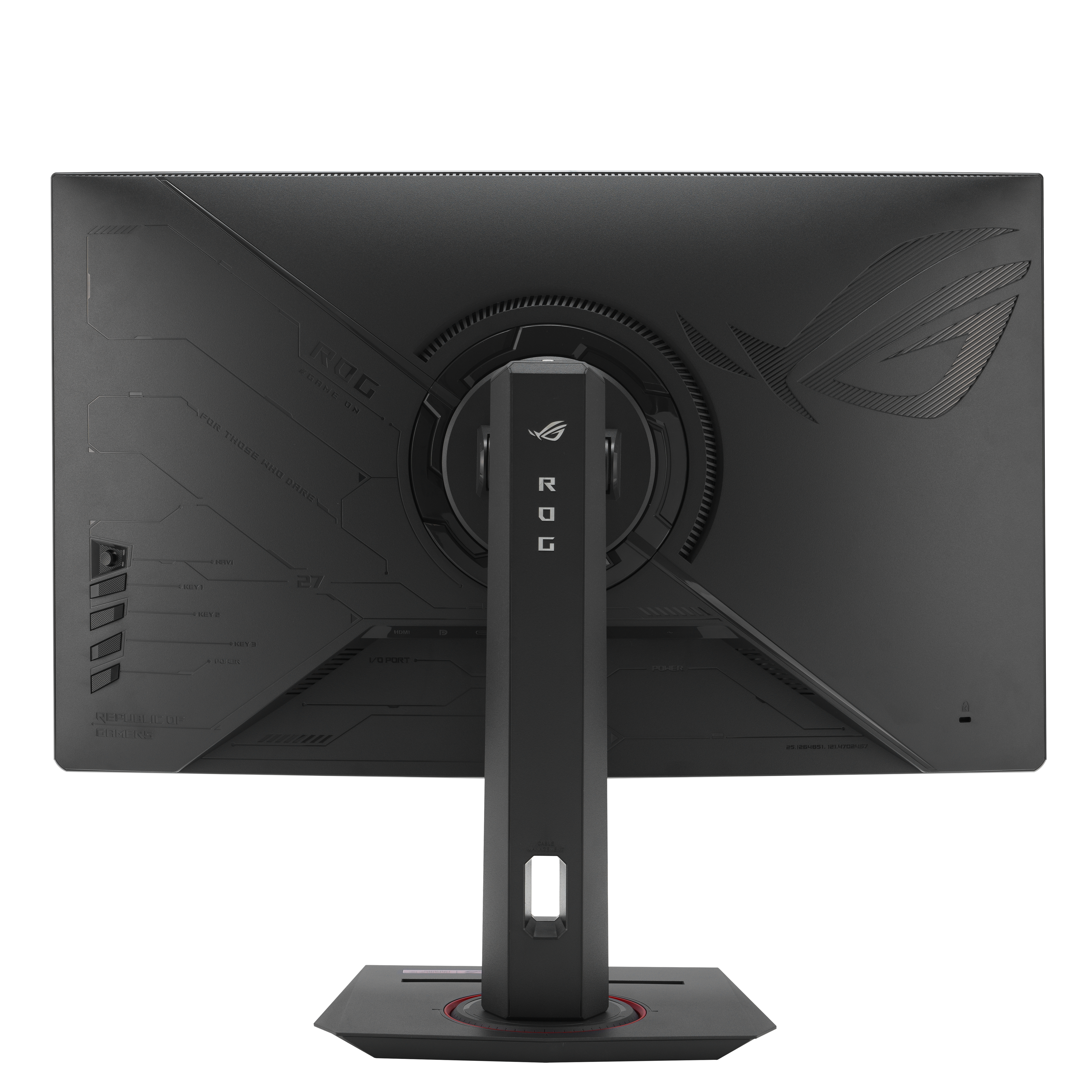 Zwarte monitorachterkant met ROG-logo en standaard. Witte achtergrond.