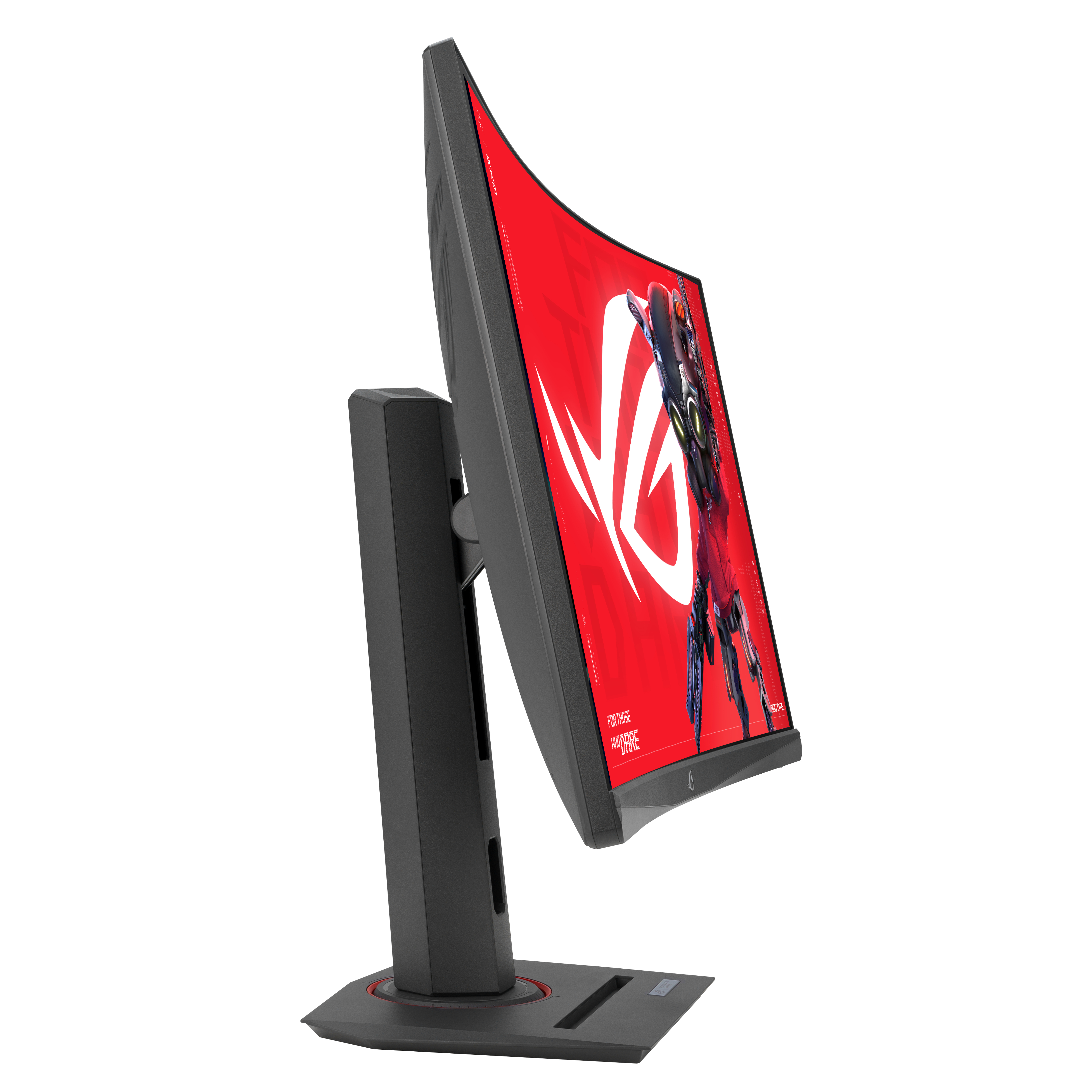 Gebogen gamingmonitor met een rode afbeelding van een personage. De monitor is zwart met een zwarte standaard.