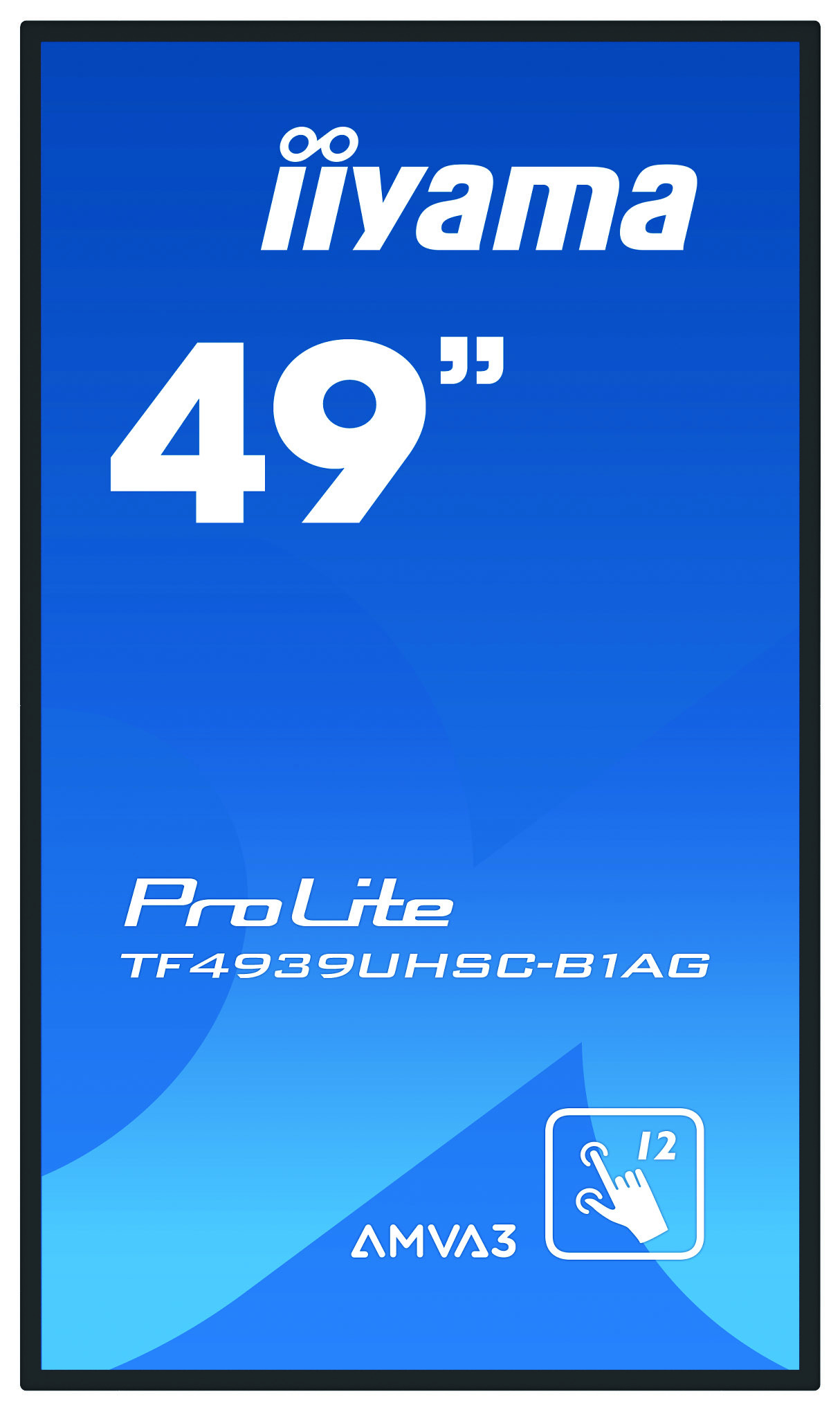 49-Zoll iiyama ProLite Monitor. Blauer Hintergrund mit Text.