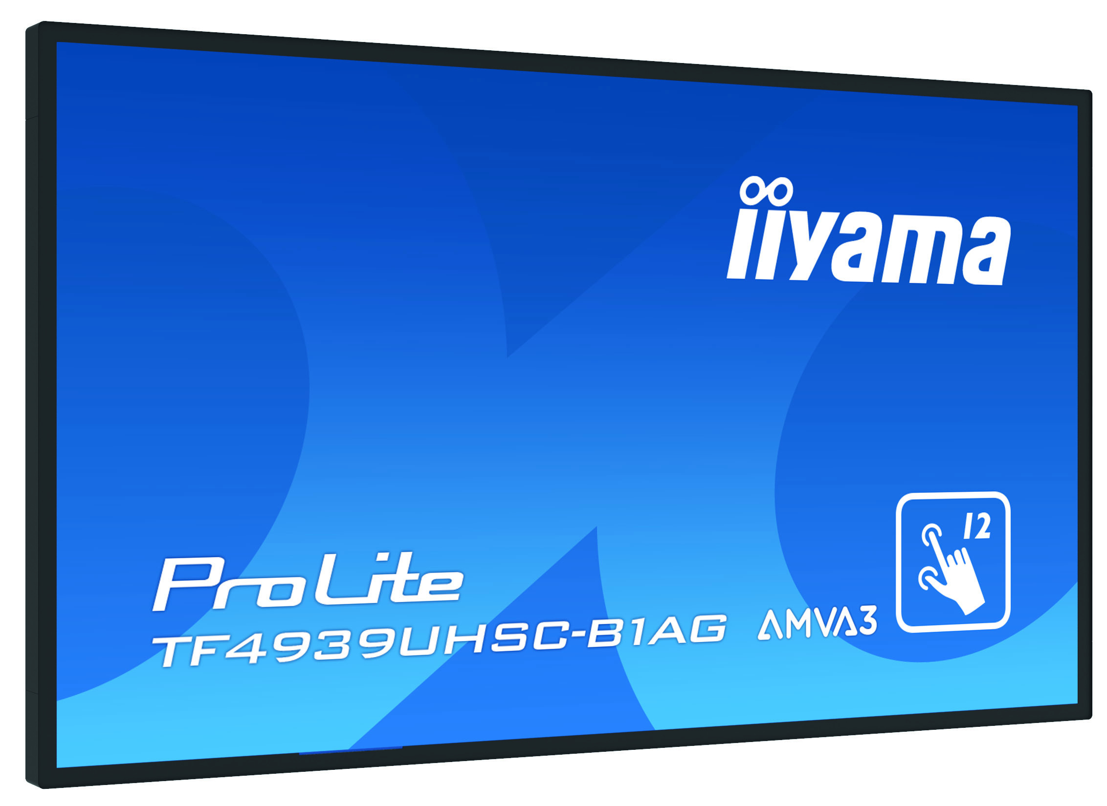 Iiyama-Monitor mit blauem Hintergrund, weißem Logo und Text sowie einem Touch-Symbol.