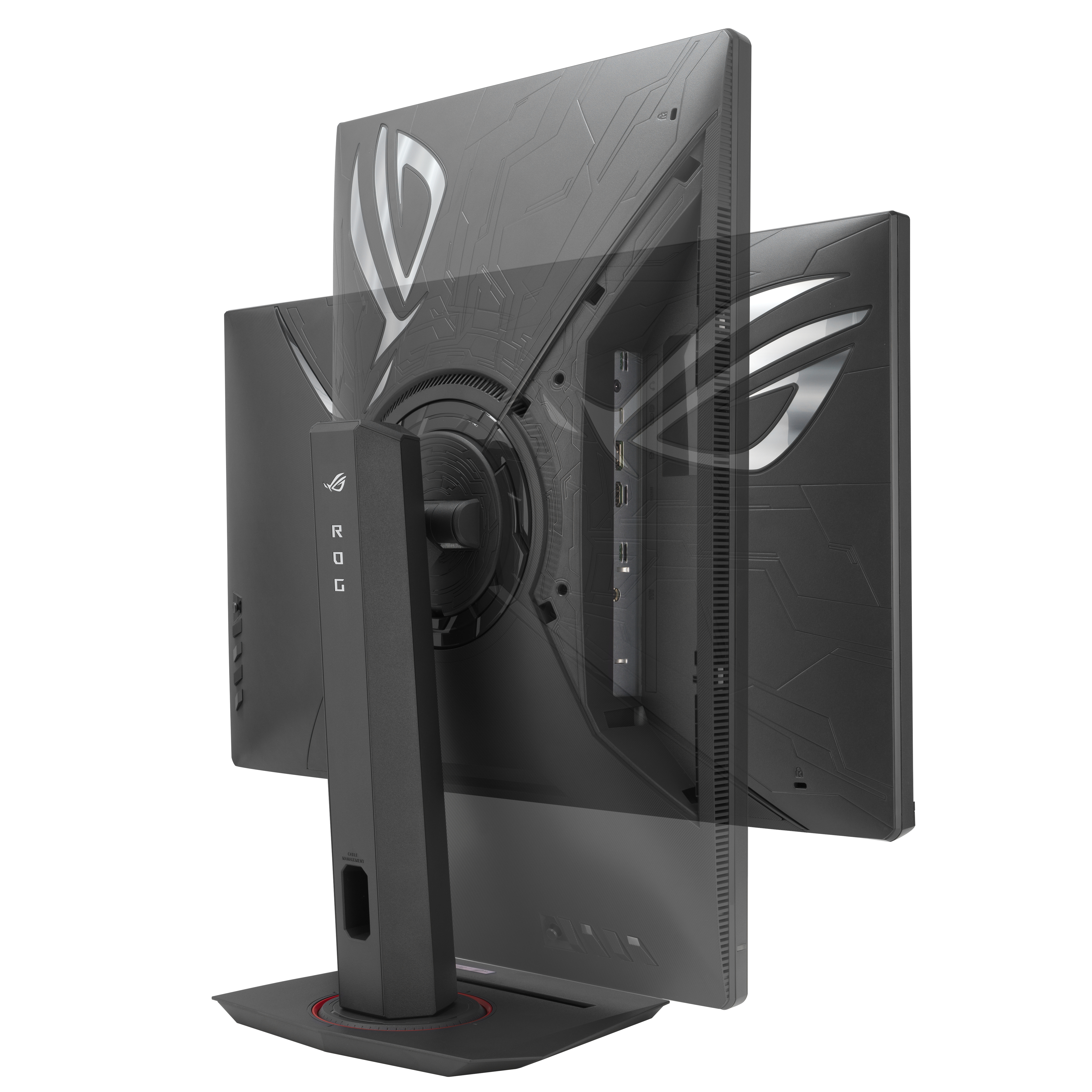 Een zwarte computermonitor met zilveren accenten, onder een hoek, met een ROG-logo zichtbaar.