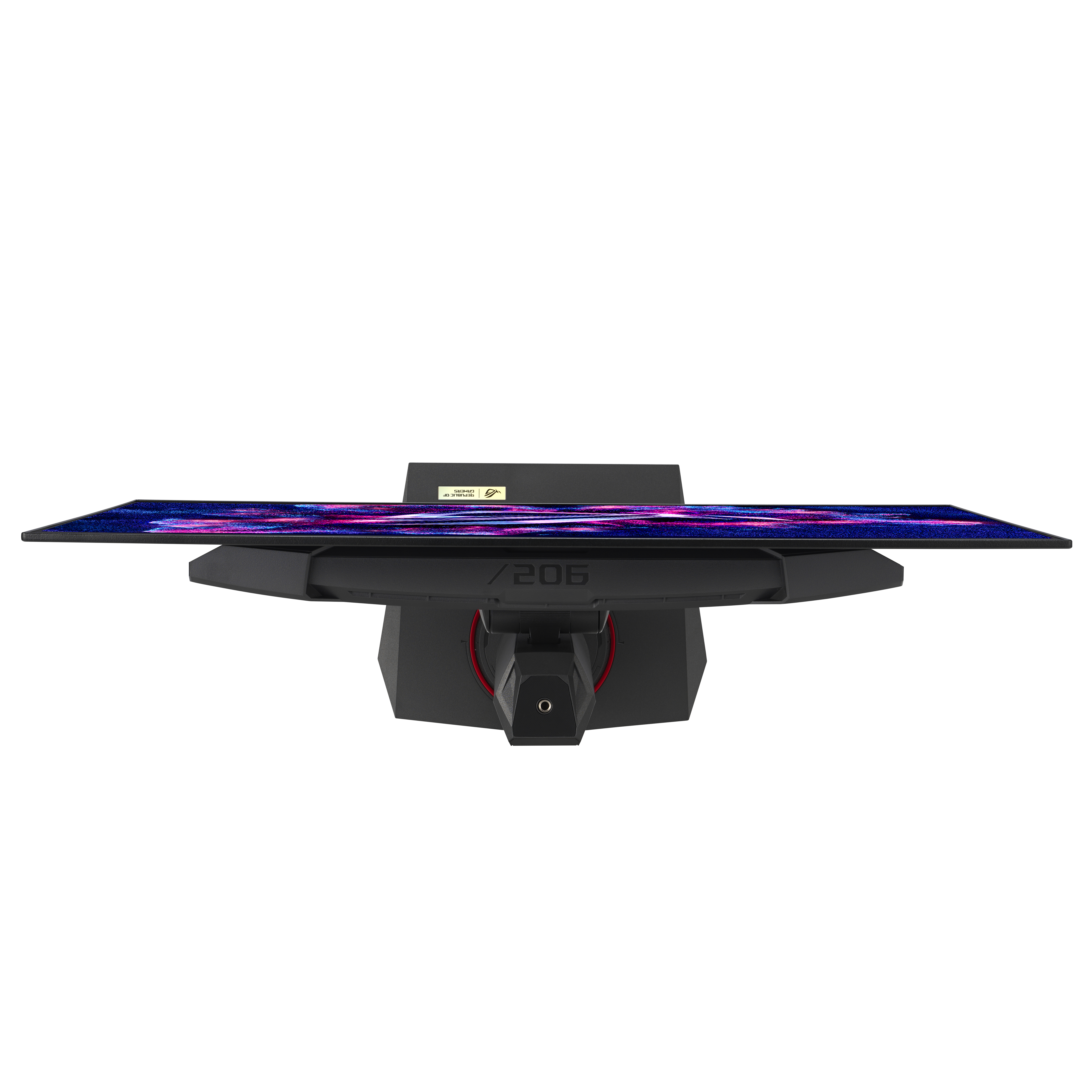 Widok z góry na monitor do gier z kolorowym wyświetlaczem, na czarnym stojaku.