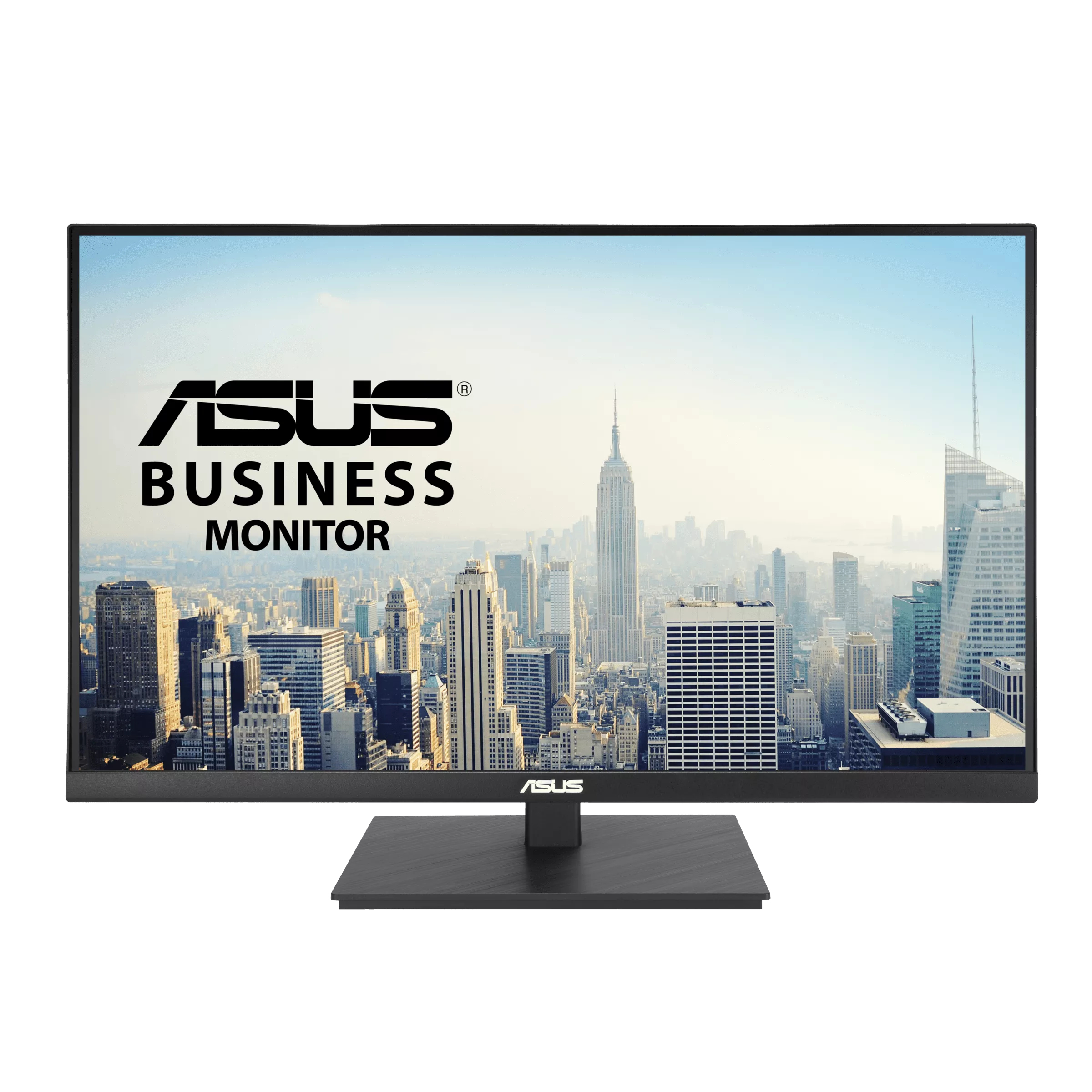 Monitor komputera wyświetlający krajobraz miejski ze słowami 'ASUS BUSINESS MONITOR'. Monitor ma czarną ramkę.